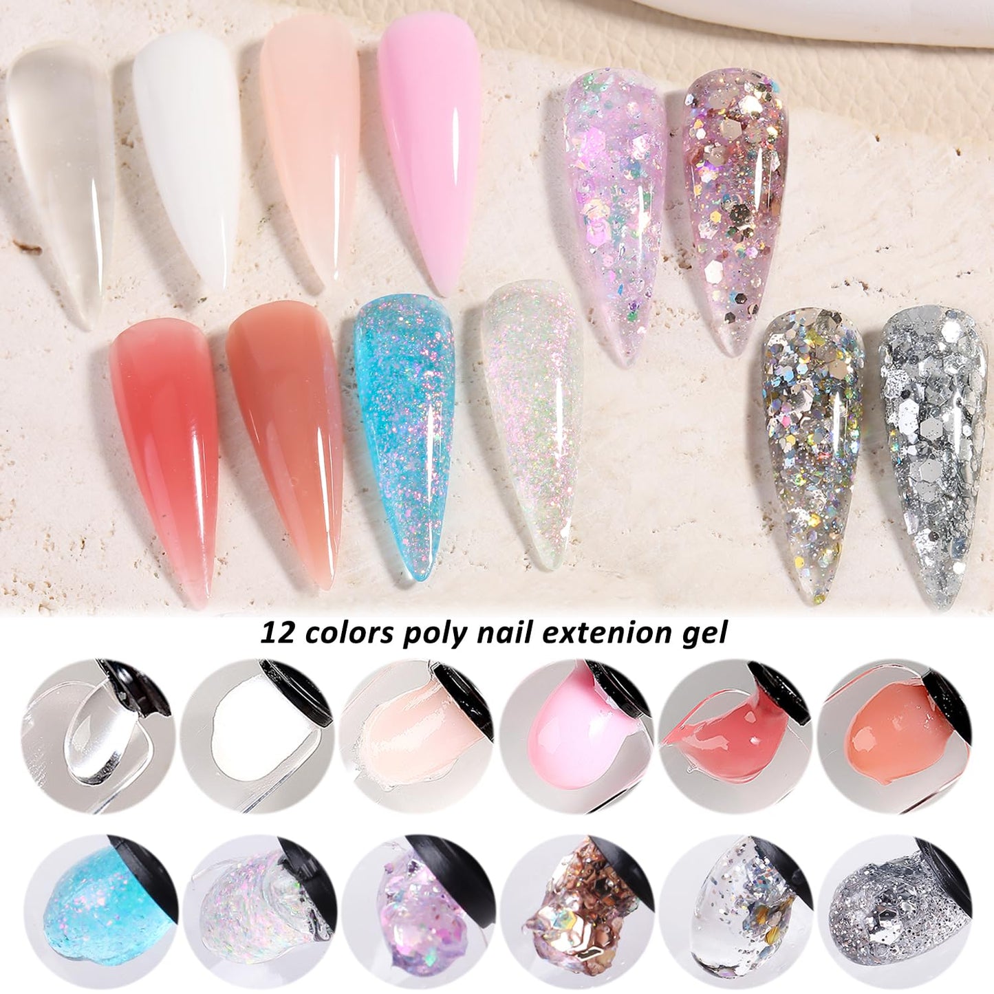 Poly Nail Gel Kit with UV Light, 12 Colors Clear Nude Pink Iridescent Glitter Extension Gel Builder Gel Starter Kit Base Top Coat Set Slip Solution Nail Gel Kit for Beginners with Everything