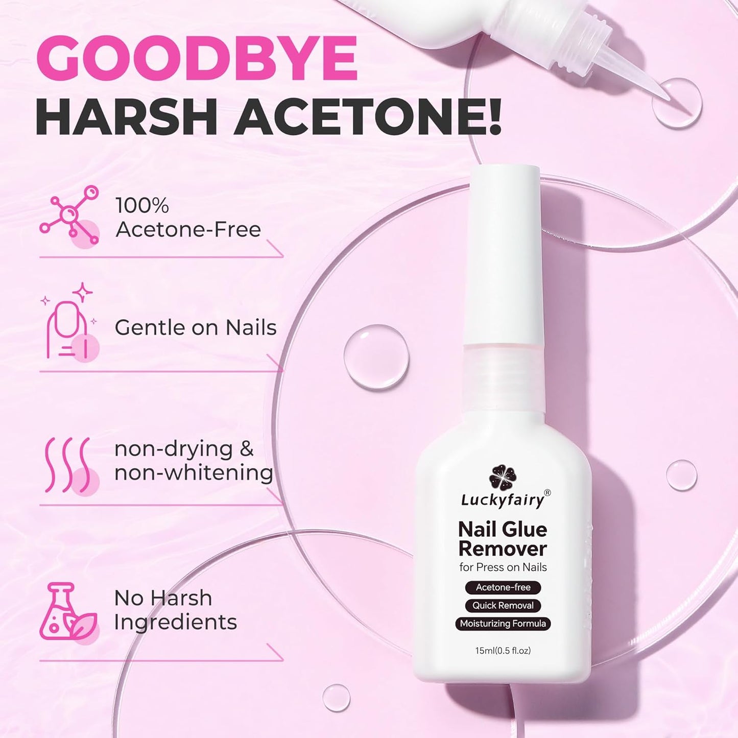Nail Glue Remover for Press on Nails, 15ml Acetone-free Nail Polish Remover, Multi-Functional Glue Remover for Nails Tips, Quick Easy Gentle Removal, Not for Gel Polish