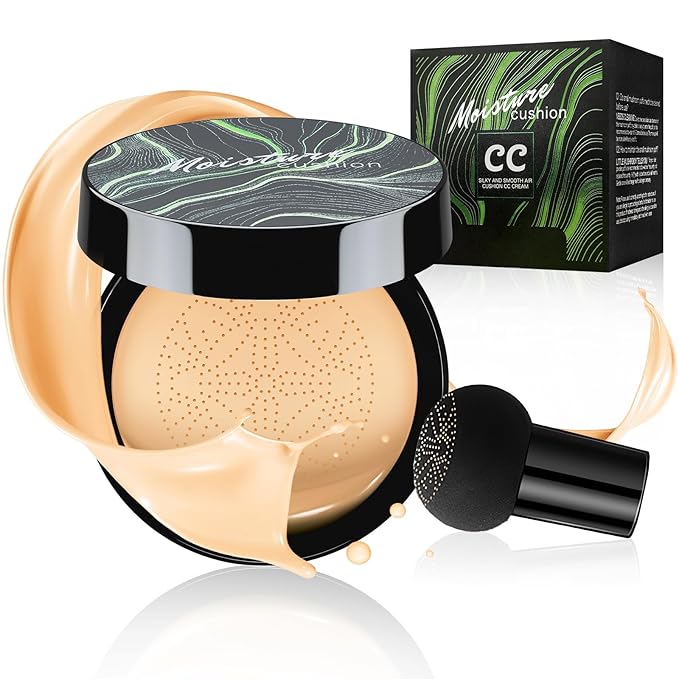 Mushroom Head Air Cushion CC Cream Foundation - Moisturizing & Long-Lasting BB Cream Concealer Makeup Base for All Skin Types, Brighten Long - Lasting Even Color Correcting Concealer (Buff Beige)