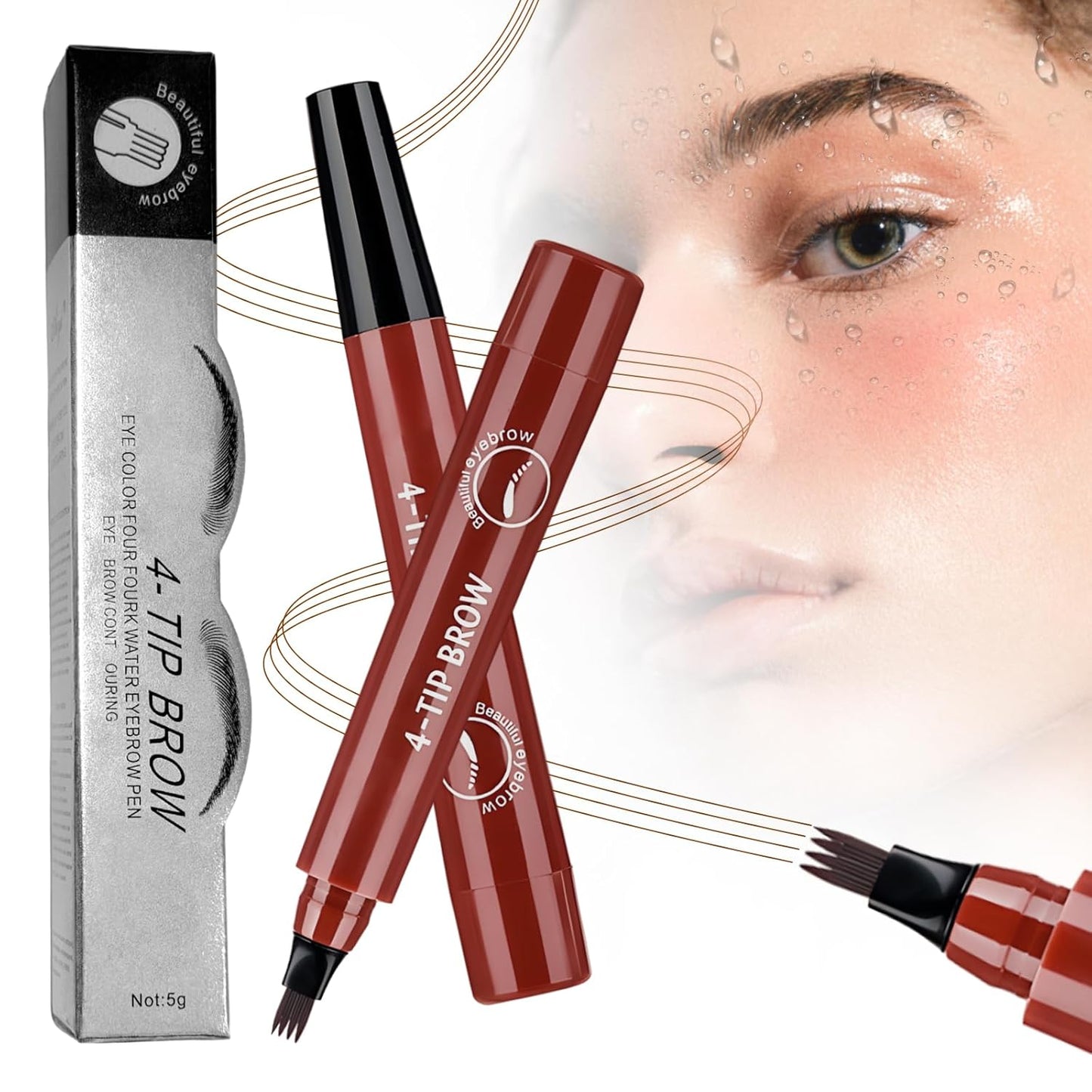 2025 New Magic Eyebrow Pencil, 4 Tipped Precise Brow Pen 3D Waterproof Microblading Contouring Pen Fine Stroke Microblading Eyebrow Pencil Creates Natural (Red Brown)