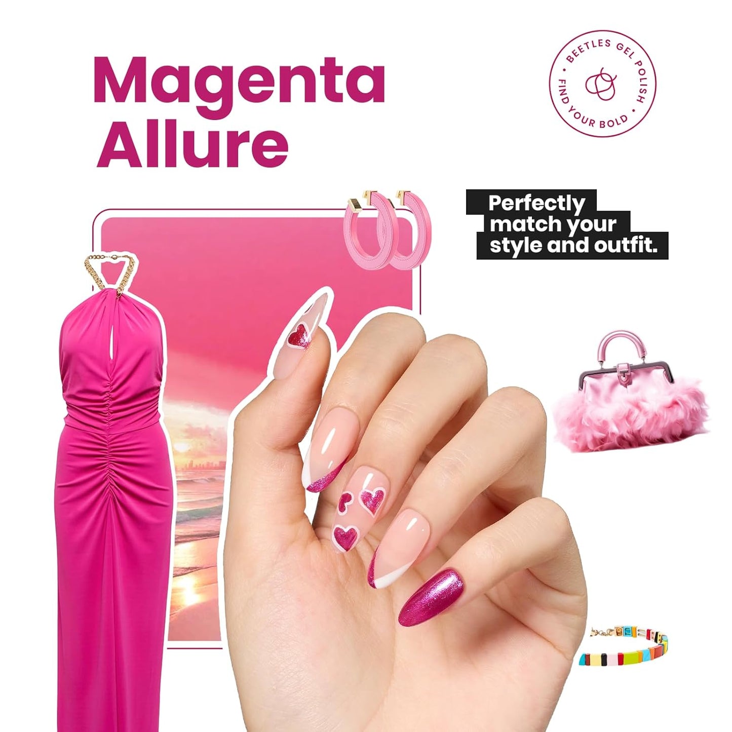 Beetles Hot Pink Nail Polish 15ml, Valentines Day Gifts for Women Fast Drying & Long Lasting Glitter Nail Polish Pink Nail Lacquer Glossy for DIY Nail Salon-Quality Results