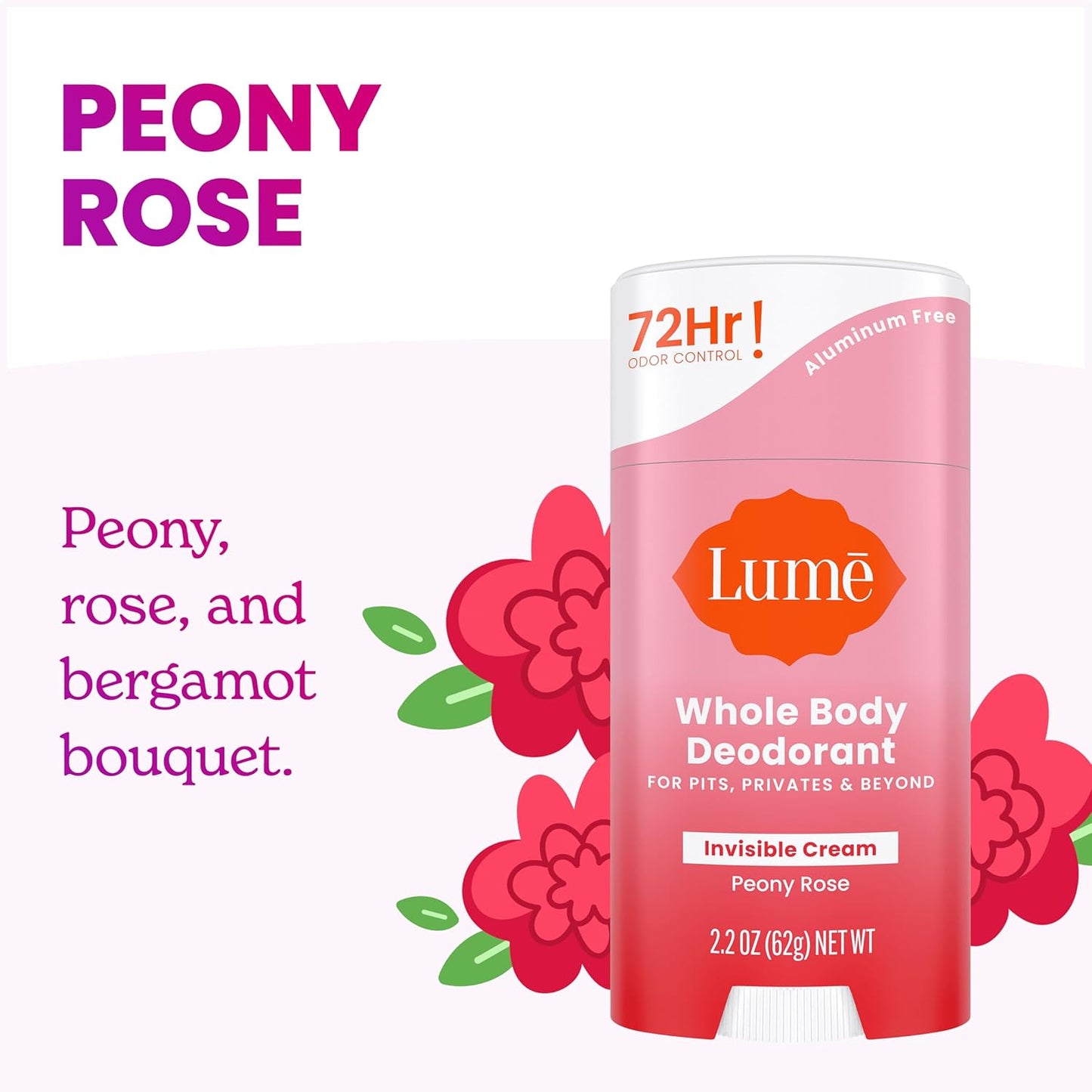 Lume Deodorant Cream Stick - Underarms and Private Parts - Aluminum-Free, Baking Soda-Free, Hypoallergenic, and Safe For Sensitive Skin - 2.2 Ounce (Pack of 2) (Peony Rose)