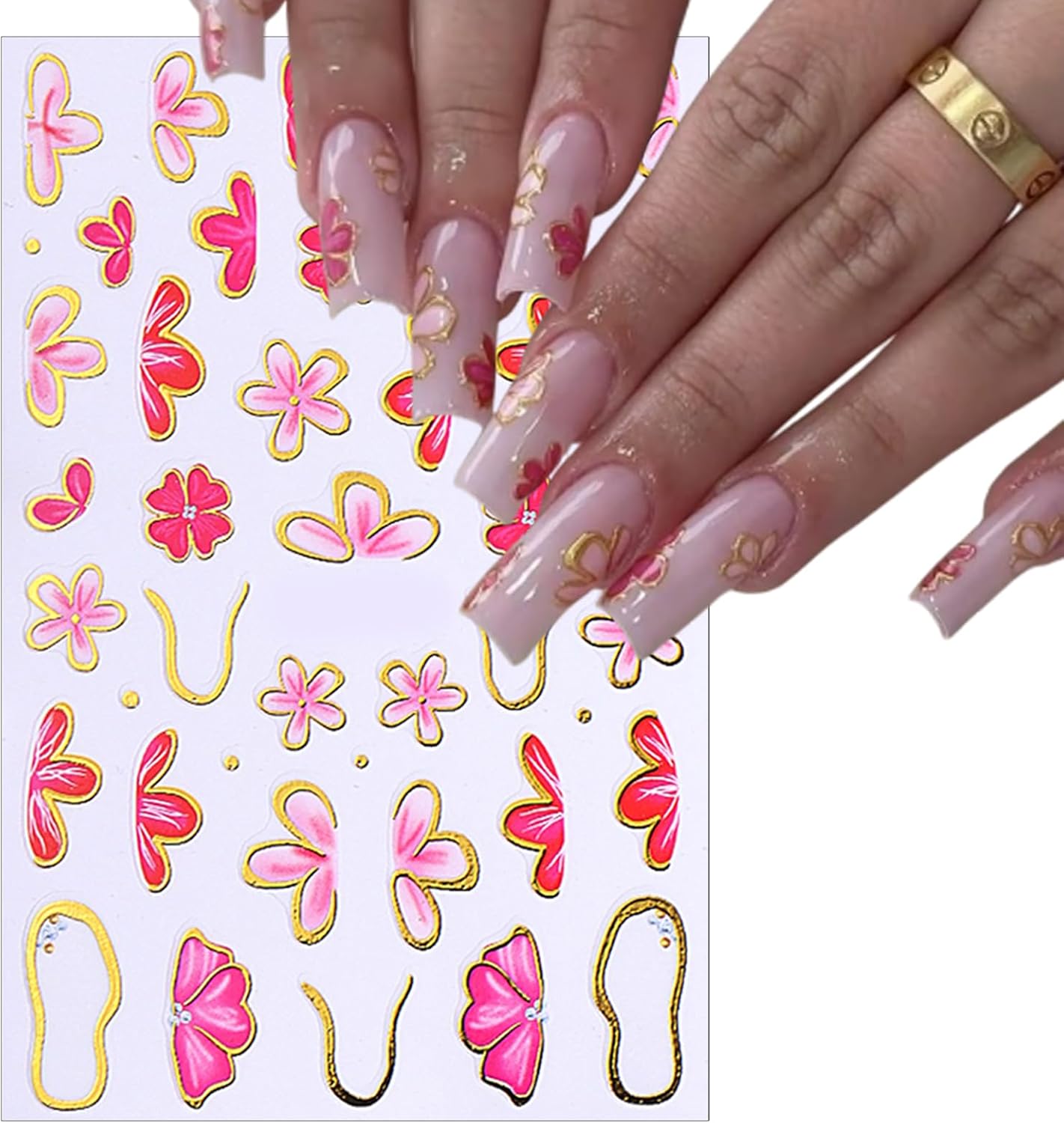 6 Sheets Spring Nail Art Stickers 3D Self-Adhesive Gold Edge Flowers Pink Cherry Blossoms Pattern Pink Petal Floral Golden Circle Bow Design Nail Decals for Women Spring DIY Nail Art Decorations