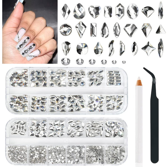 24 Styles Silver Clear Nail Rhinestones Multi Shapes Flatback K9 Glass Crystal White Gems Round Beads Stones Diamonds Jewels Nail Art Charms for Nails Face Eyes Makeup DIY Crafts Clothes Shoes