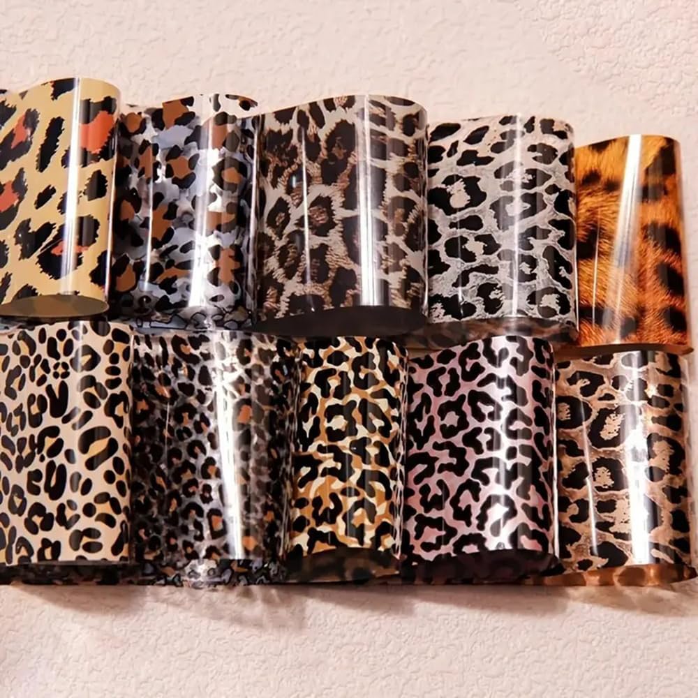 10 Rolls Leopard Print Nail Art Foils Transfer Stickers Animal Print Adhesive Decals Snake Cheetah Print Nail Foils Holographic Stickers Fall Nail Art Supplies for Women Autumn Nail Decorations
