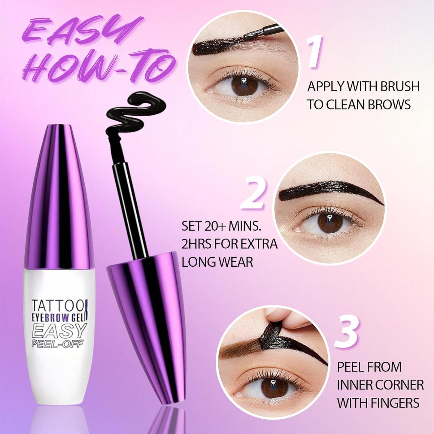 Tattoo Eyebrow Gel Easy Peel Off, Waterproof & Long Lasting Up to 3 Days, Semi-Permanent Peel Off Brow Tint Gel for Sparse Brows, Transfer-proof, Natural Color for Fuller Defined Brows (Gray Brown)