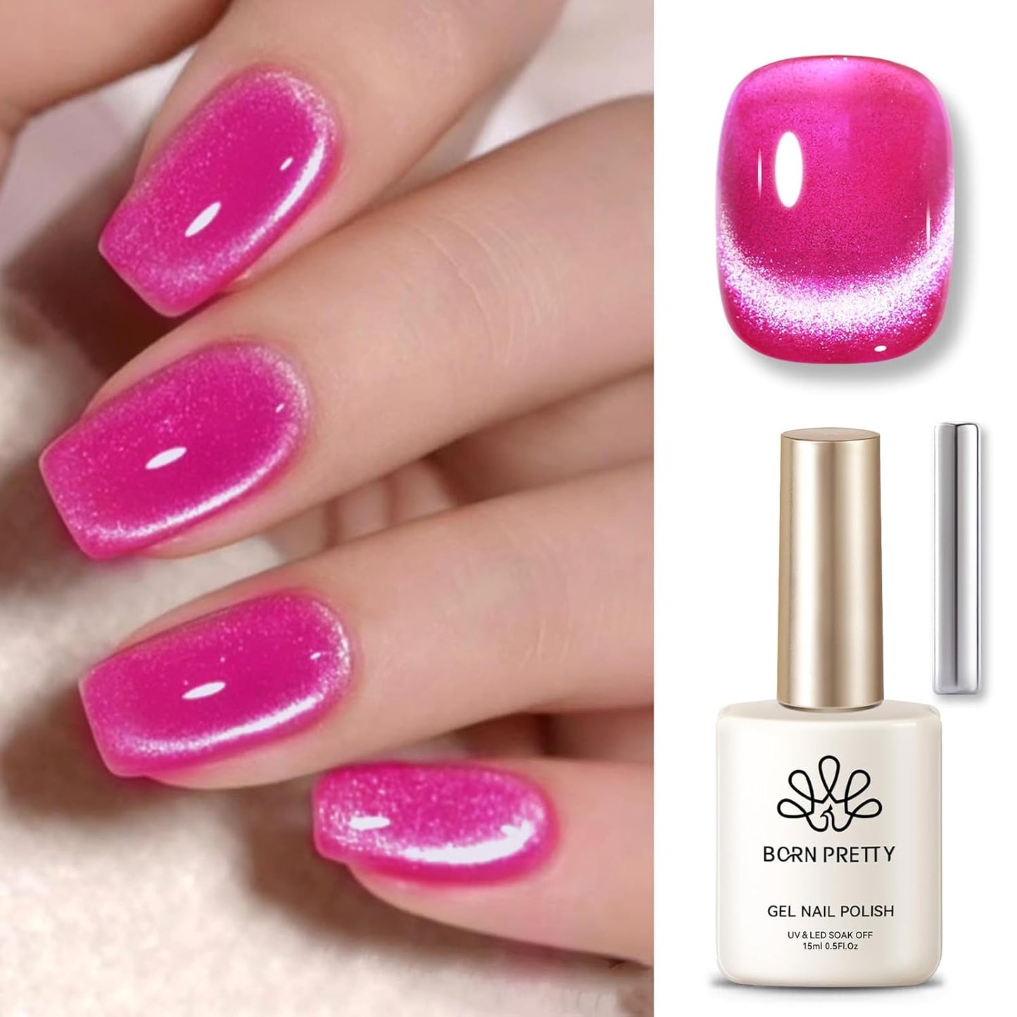 Born Pretty Magnetic Gel Nail Polish Hot Pink Cat Magnetic Eye Gel Polish Holographic Cats Shiny Glitter Nail Gel for Salon Home DIY Manicure Use