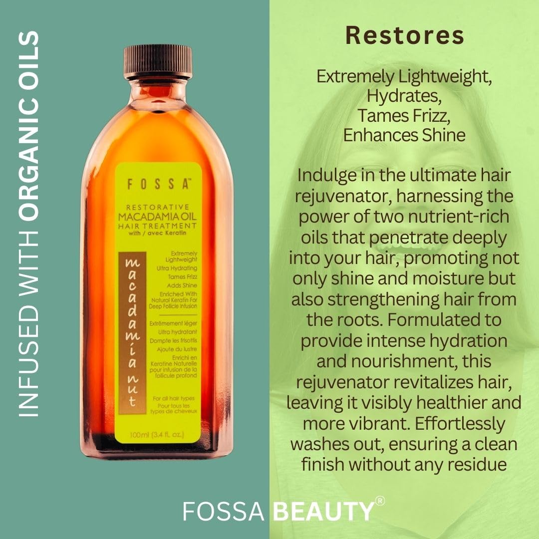 Fossa Restorative Macadamia Nut Hair Treatment with Keratin Oil | Paraben Free, Lightweight, Anti-Frizz, Adds Shine, Repairs Damage, Heat Protection & Strengthens for All Hair Types | 100ml, 3.4 fl oz