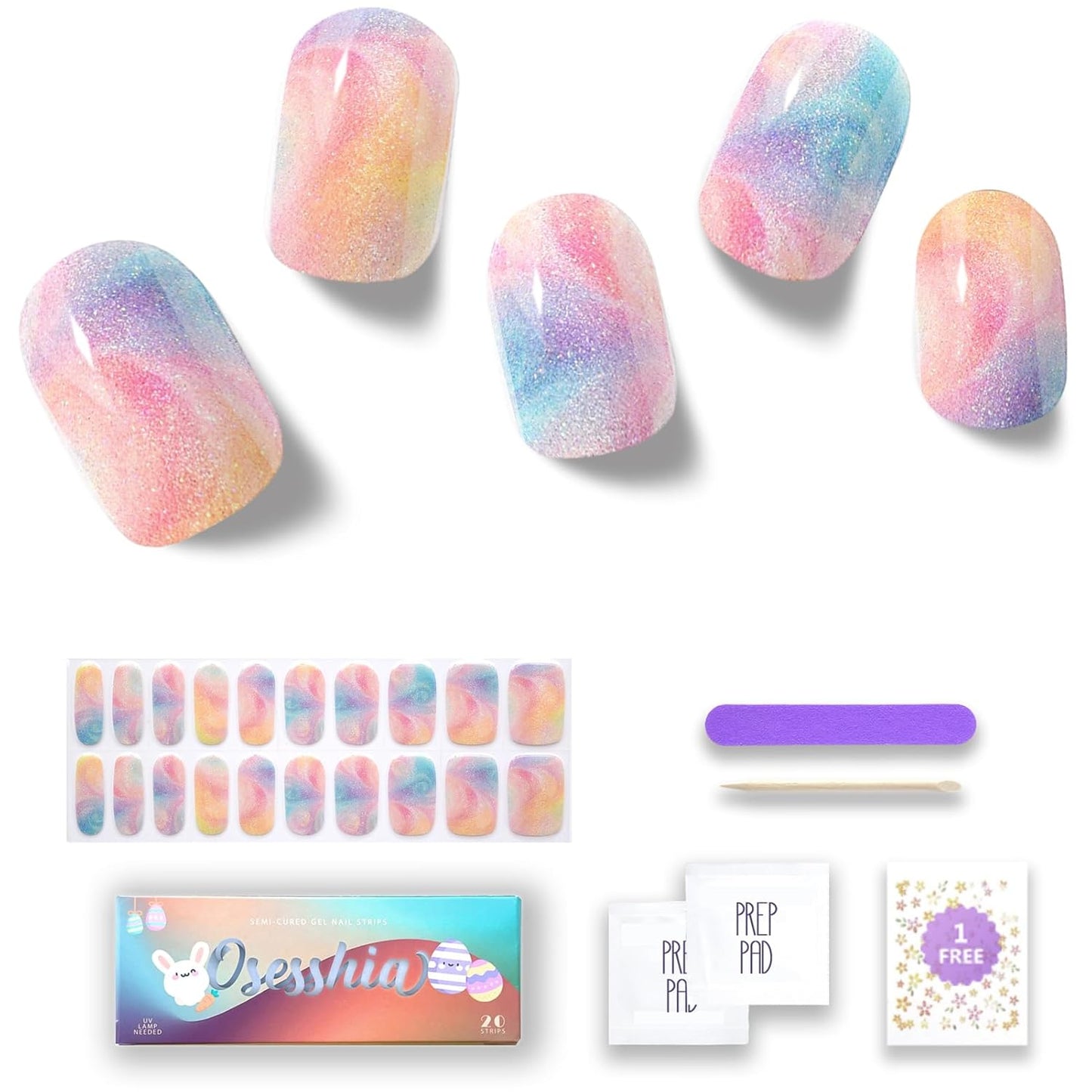 Semi Cured Gel Nail Strips, 20 pcs Nail Wraps, Glaze Stickers, Salon Quality French Manicure, Full Decal Gel Polish Strips, Long Lasting SCG, Easy on, UV Required (Starburst)