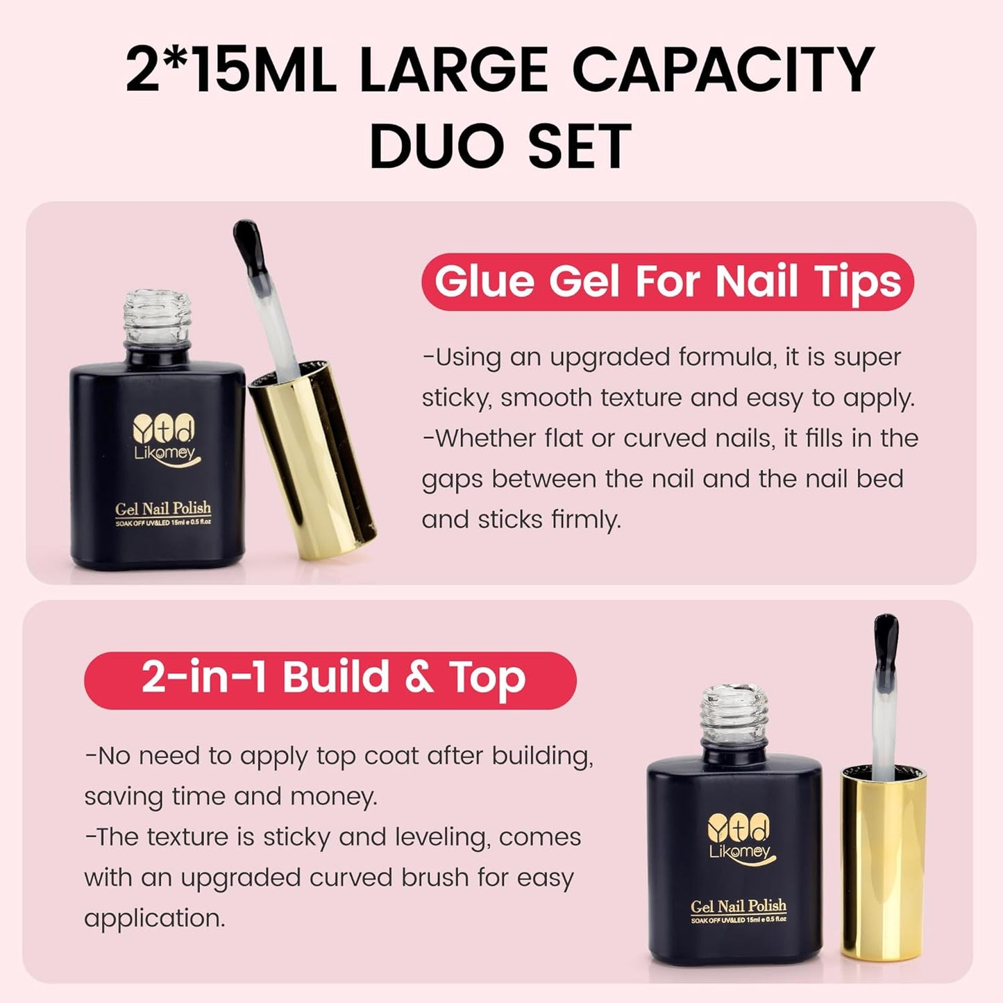 YTD Likom Gel Nail Polish Nail Glue and Builder Gel Top Coat Set,for False Nail Tips Press On Nails,15ml 2-in-1 Multi-Function Top Coat,Strong Adhesive Protect Acrylic Nails