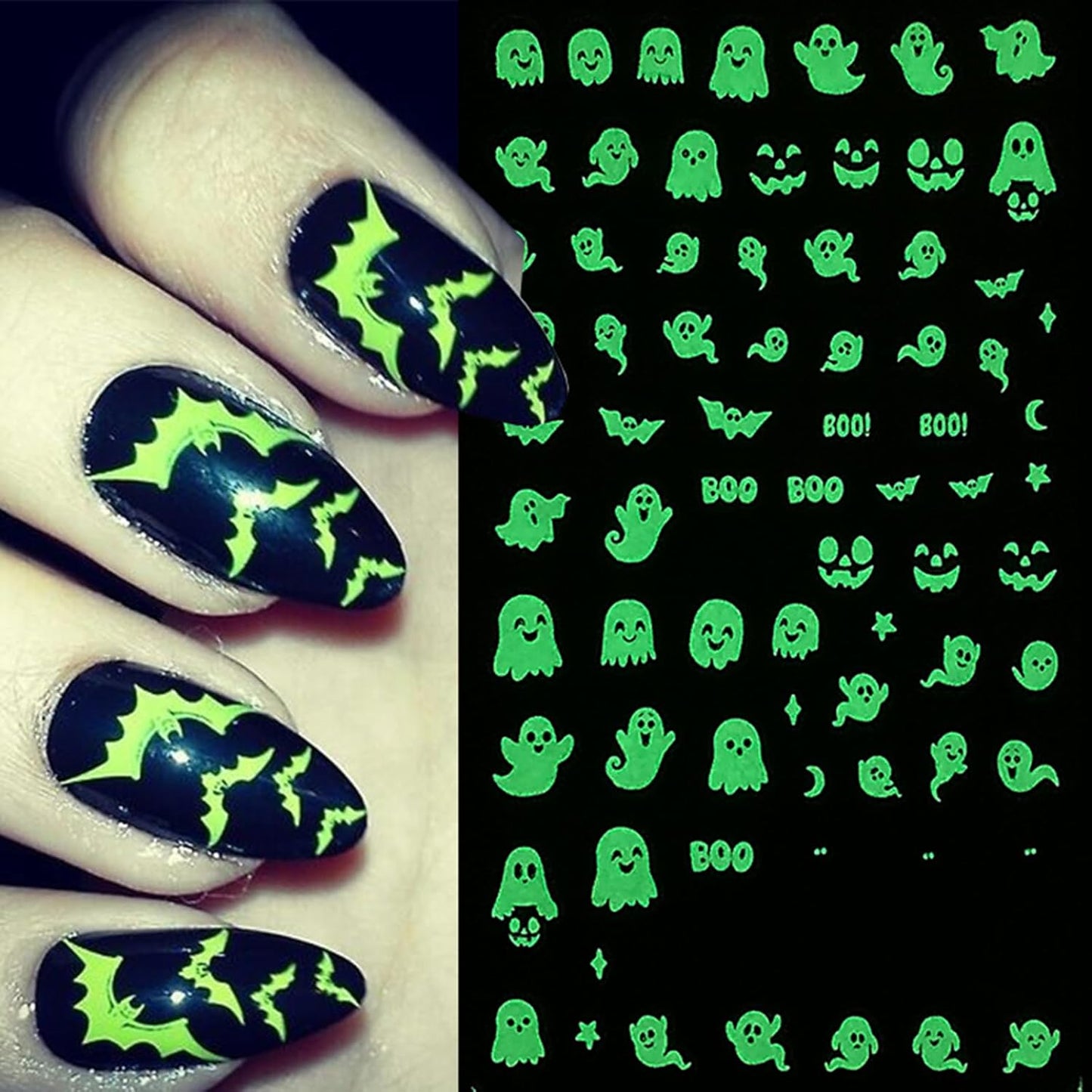 Halloween Nail Art Stickers Decals 3D Self-Adhesive Cute Luminous Ghost Nail Stickers 6 Sheets Glow in The Dark Ghost Bat Nail Decals Supplies Halloween Stickers for Women DIY Manicure Decorations