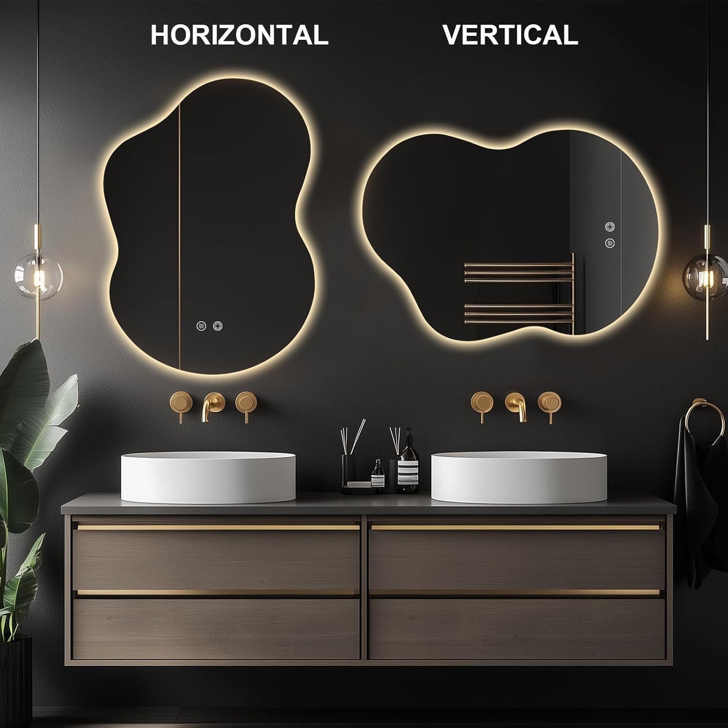 35"x25" Asymmetrical LED Vanity Mirror for Bathroom with Front & Backlit, Anti-Fog, 3 Light Colors, Dimmable, Wall-Mountable [Horizontal/Vertical]