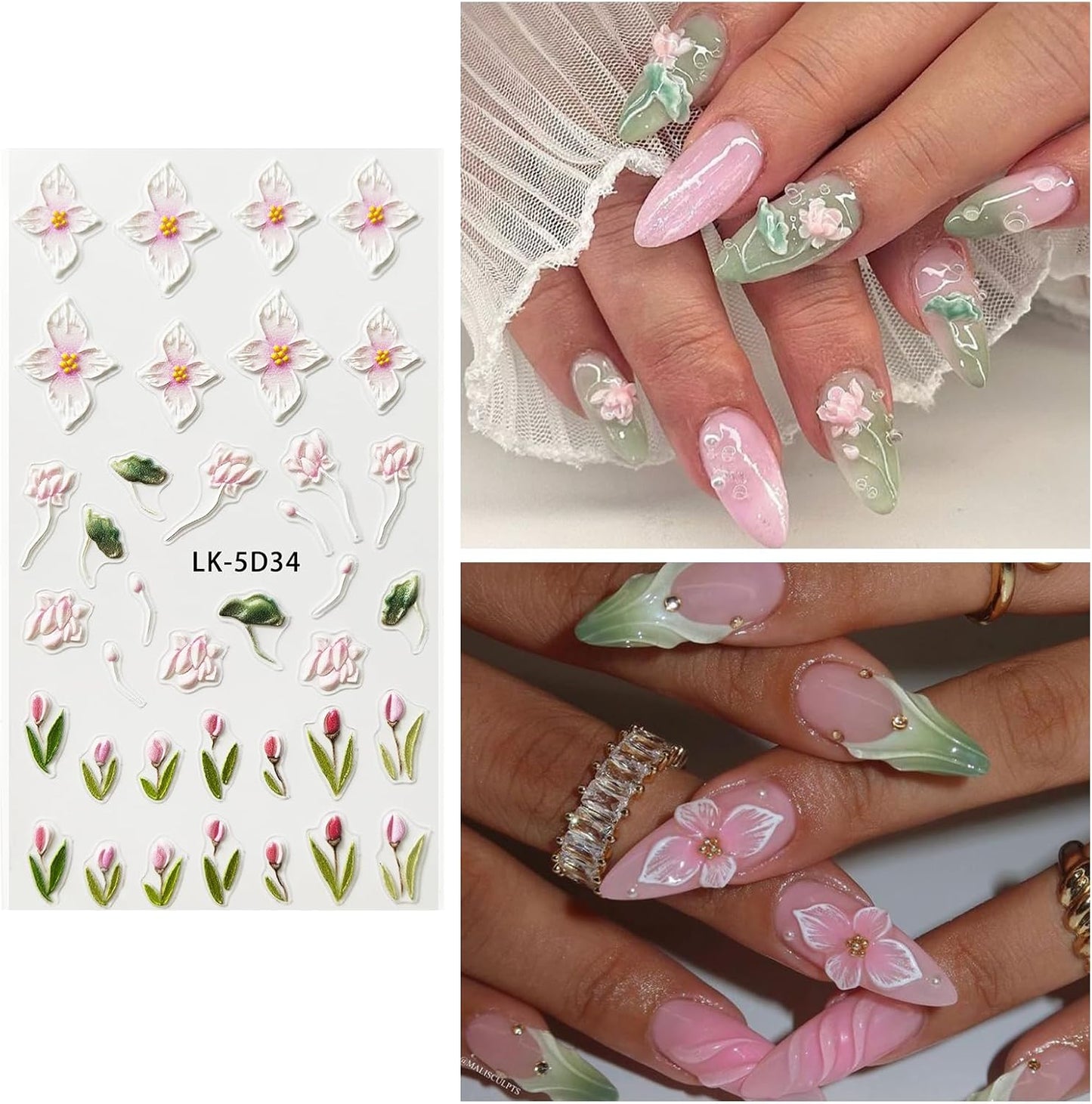 Nail Art Stickers Decals 5D Embossed Flower Nail Decals Self Adhesive Spring Summer Plumeria Tulip Supplies 3D Nails Design for Women Decoration Pink Flower Nails Sticker