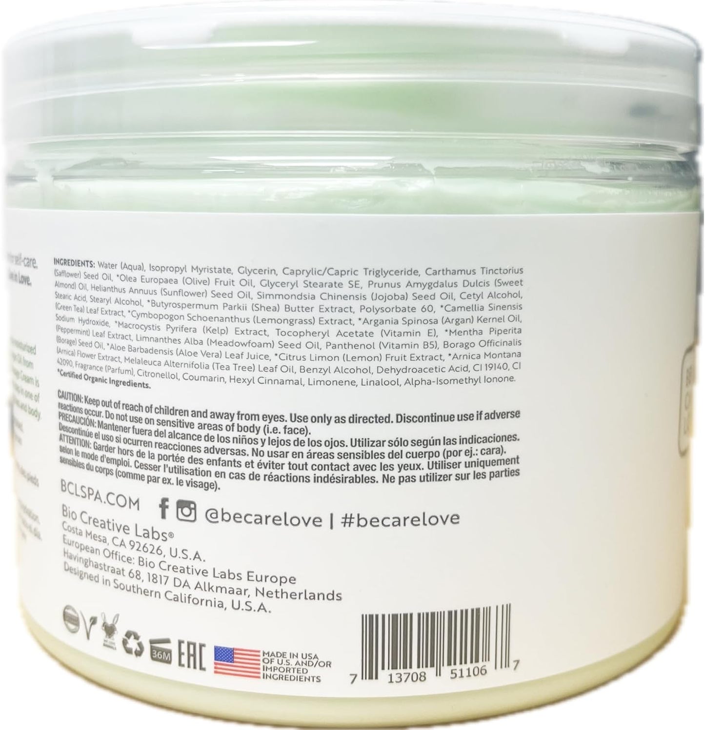 BCL SPA Massage Cream organic Lemongrass + Green Tea body lotion with shea butter, aloe vera, peppermint, argan and jojoba oils body cream to soothe, calm & revitalize the skin. Home/Pro use 16 fl oz