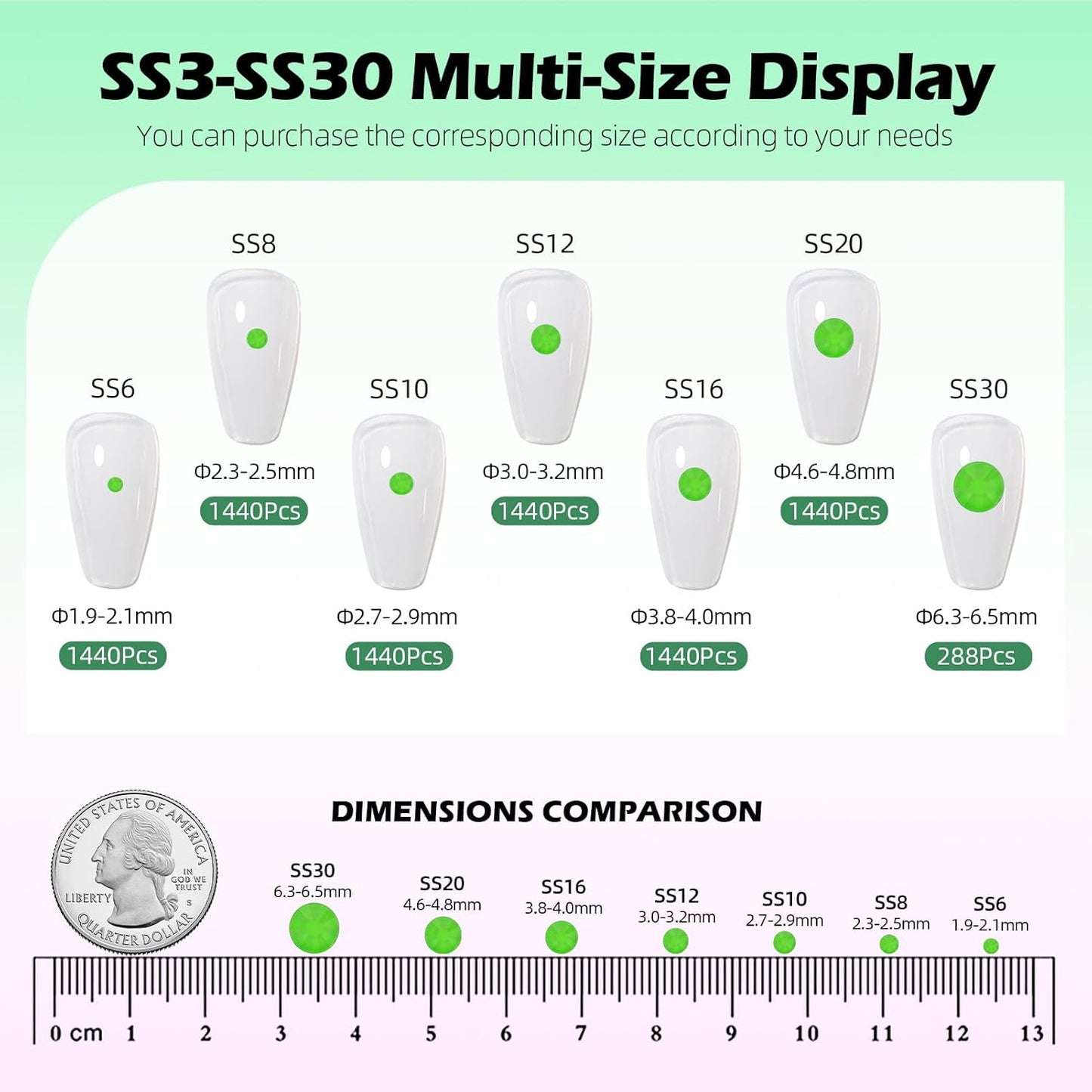 Neon Green Flatback Rhinestones, Glass Rhinestones for Nail Art and Craft, Glue Fix, Loose Crystal Gemstones(Neon Green, SS10, 1440pcs, 2.7-2.8mm)
