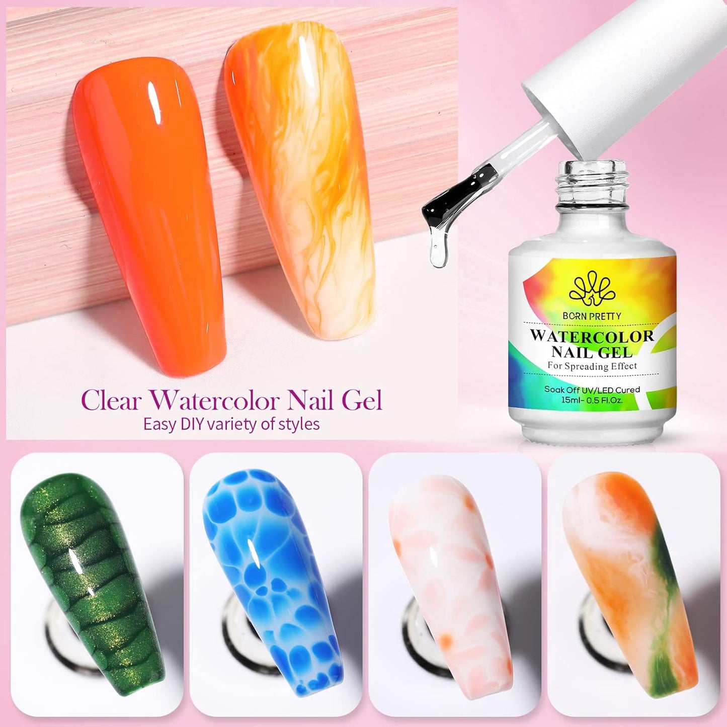 Born Pretty Nail Blooming Gel, 15ml Clear Clear U V Led Blossom Gel Polish for Spreading Effect Marble Natural Stone Watercolor Floral Print Nail Art DIY Design Manicure Valentine's Day Gift