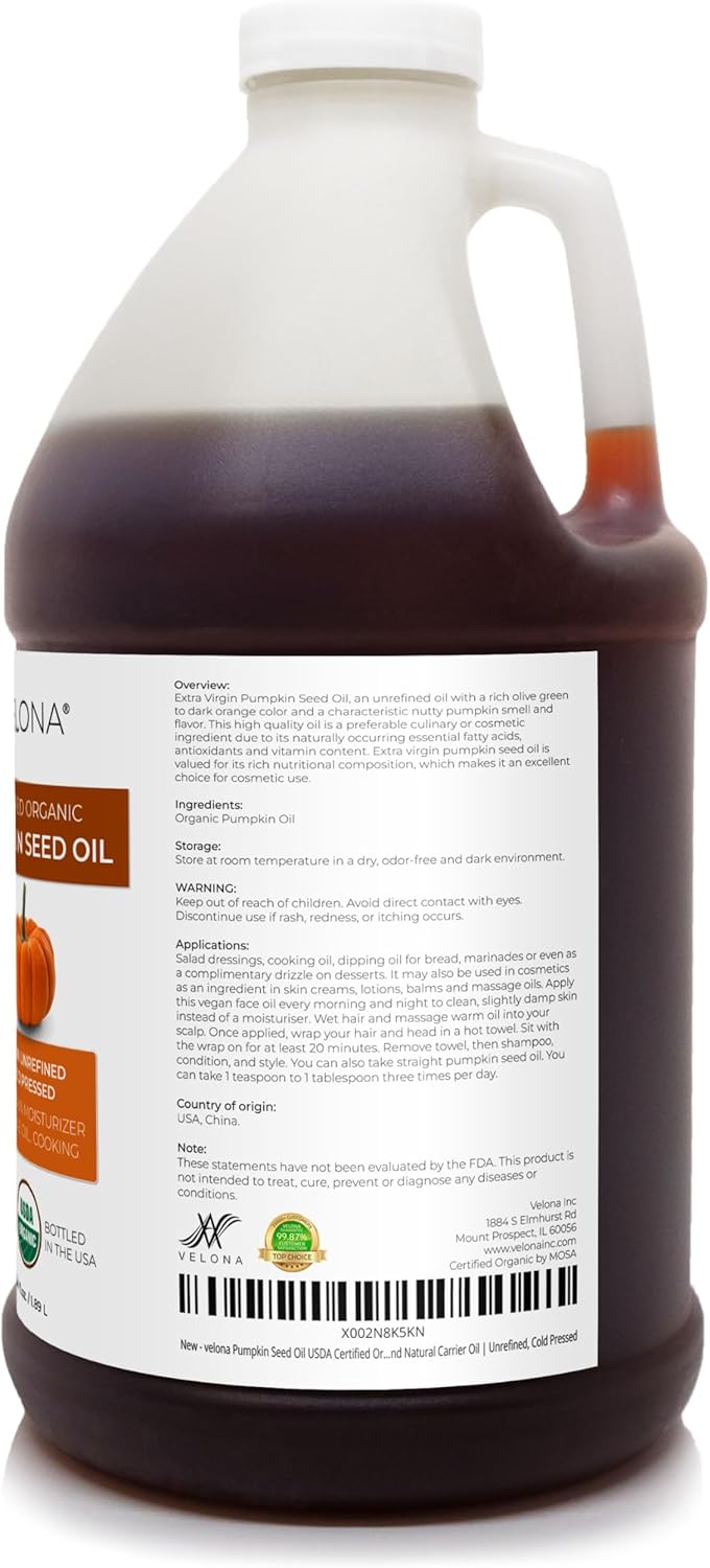 velona Pumpkin Seed Oil USDA Certified Organic - 64 Fl Oz | 100% Pure and Natural Carrier Oil | Unrefined, Cold Pressed | Cooking, Face, Hair, Body & Skin Care | Use Today - Enjoy Result