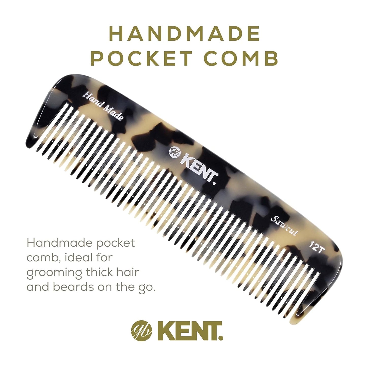 Kent 12T TW Pocket Comb - Handmade Wide Tooth Hair Comb for Men, Women, and Kids - Travel, Beard, and Mustache Comb - Saw Cut and Hand Polished Made in England