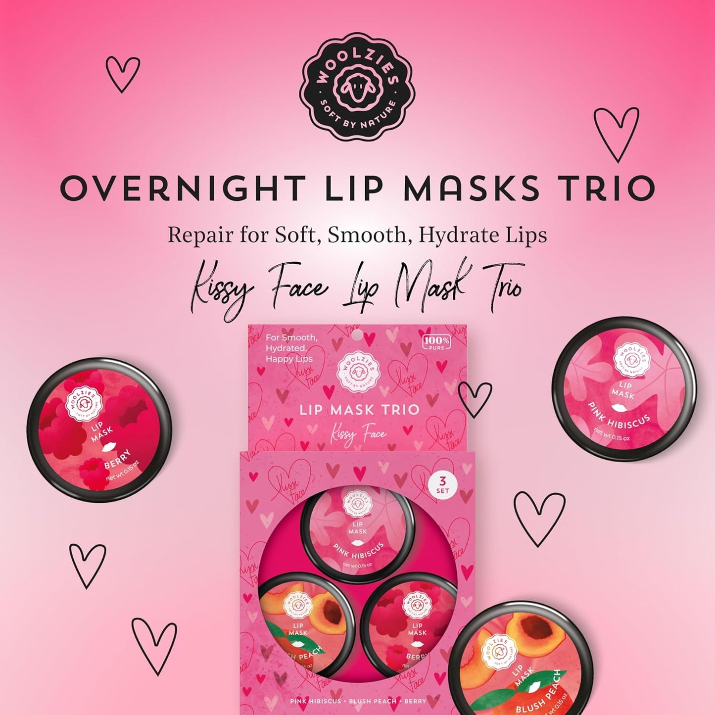 Overnight Lip Sleeping Masks Trio - Set of 3 All Natural Hydrating Lip Treatment - Overnight Repair for Soft, Smooth, Hydrated Lips (3 Pack, Kissy Face)