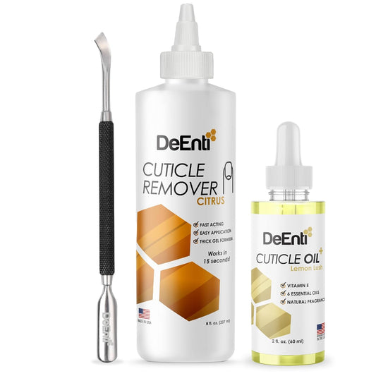 DeEnti Cuticles Maintenance Pack, Bundle Includes Citrus Scented Cuticle Remover, Cuticle Oil for Nails, and Metal Pusher Tool, Salon Grade Nail Care, Home Manicure and Pedicure Kit