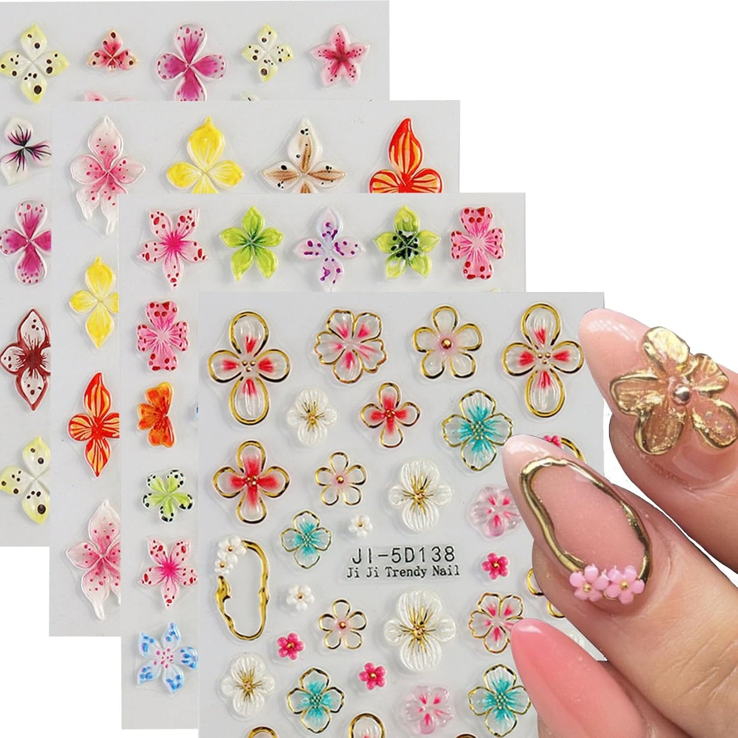 Stickers para Uñas Nail Stickers Self-Adhesive Sticker para Uñas Colorful 3D FlowerFloral Nail Stickers Art Design Accessories Hight Quality 4 Sheets
