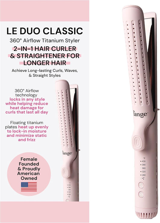 L'ANGE HAIR Le Duo Grande 360° Airflow Styler | 2-in-1 Curling Wand & Titanium Flat Iron Professional Hair Straightener and Curler with Cooling Air Vents to Lock in Style (Blush)