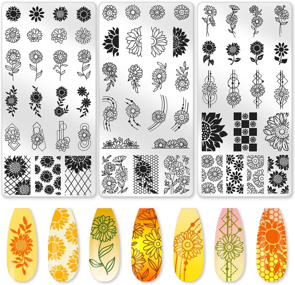 3Pcs Nail Stamping Plate Set Sunflower Nail Stamping Templates French Line Tip Nail Plates Floral Leaves Stainless Steel DIY Reusable Tools with Stamper Scraper for Manicure Printing