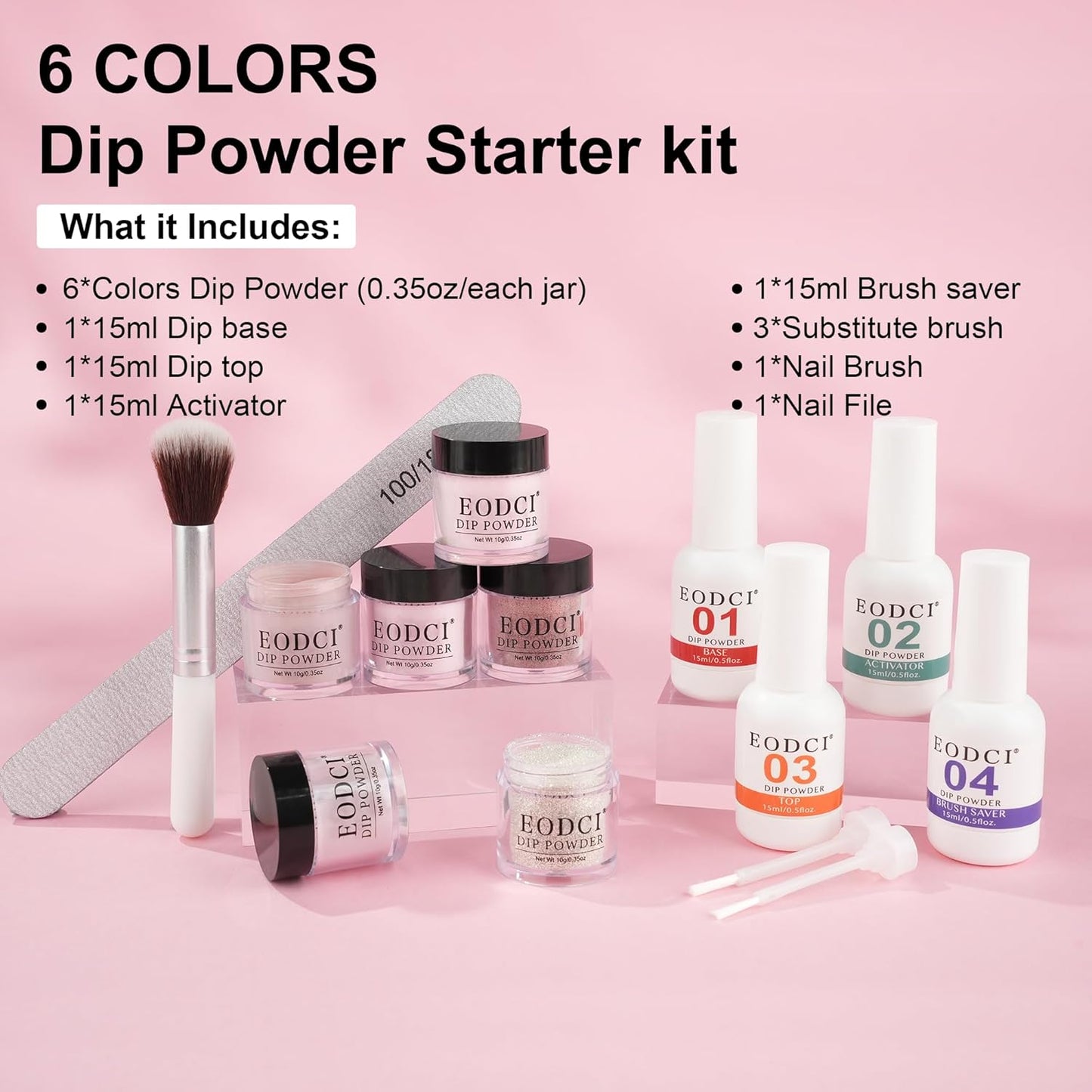12 Pcs Dip Powder Nail Kit Starter, 6 Colors Glitter Pink Nude Sparkle Purple Dipping Powder Kit with Base & Top Coat/Activator/Brush Saver, Nail Art Dip Manicure Kits for Women