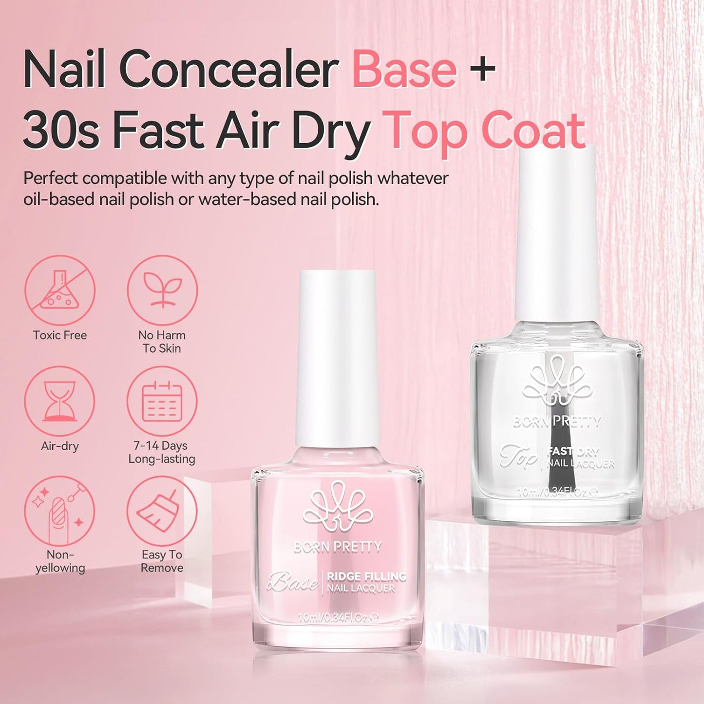 Born Pretty Clear Nail Polish Base and Top Coat Set 2 PCS High Shine Glossy Finish Quick-Dry No U V Needed Low Odor Natural Compatible with Nail Lacquer DIY Salon 0.34 fl oz Each