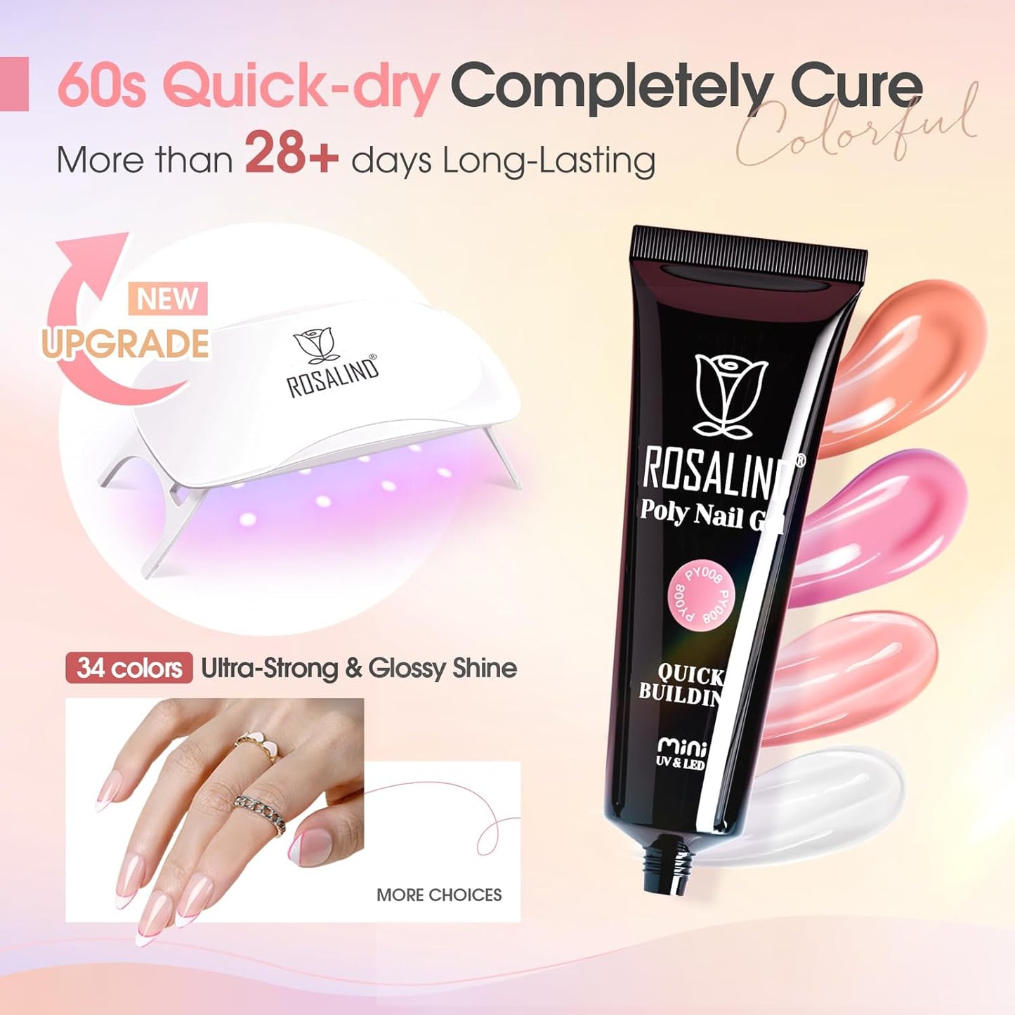 ROSALIND Coloful Poly Nail Gel Kit -34 Colors + Neon Accessories Clear Nude Poly Nails Gel Starter Kit with Mini UV Lamp Slip Solution Summer Halloween Extensions Kit