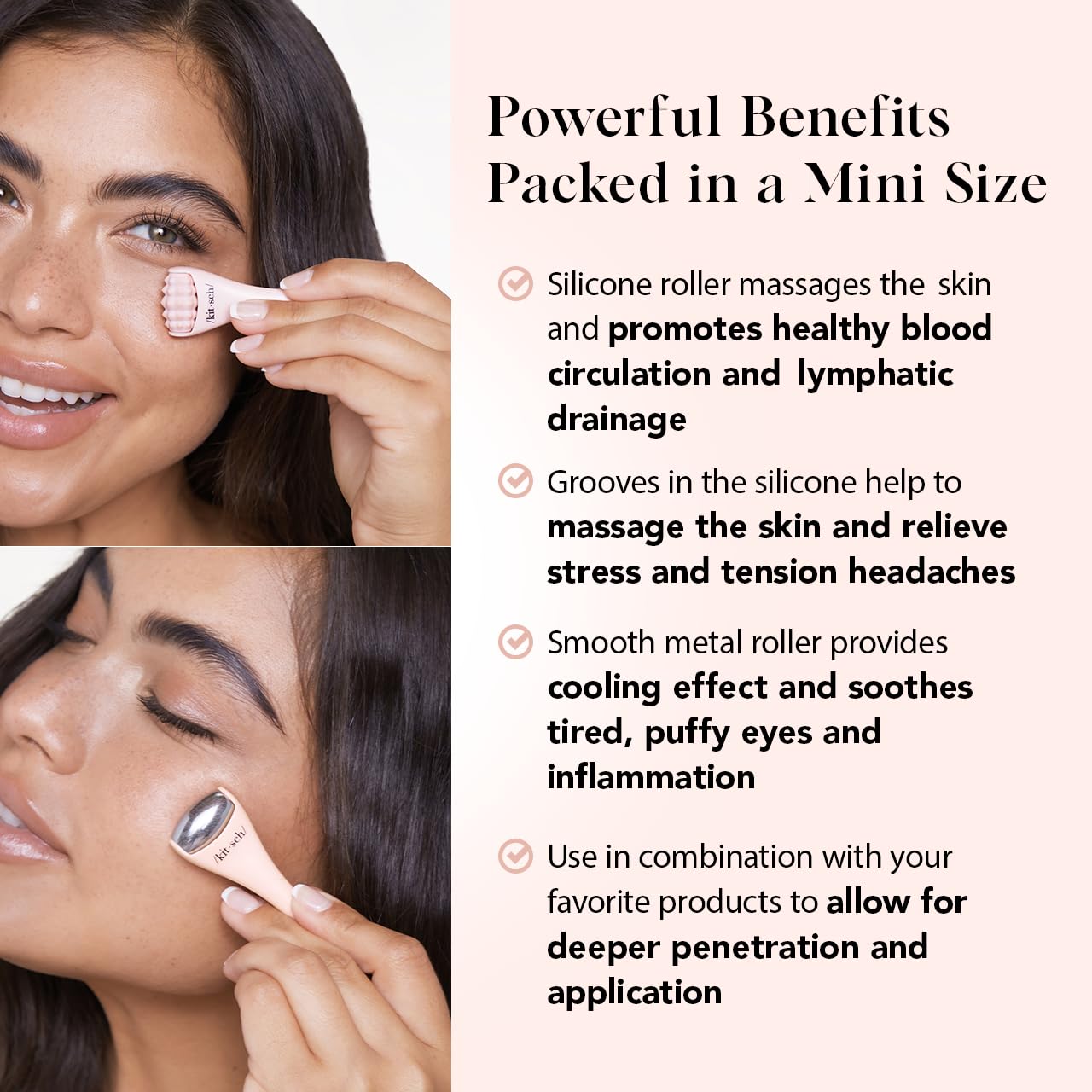 Kitsch Mini Facial Roller & Ice Face Roller Skin Care Tool Set for Women - Face Massager for Puffy Eyes, Cold Therapy, Lymphatic Drainage Massager, Self Care Gifts for Women & Men - Blush