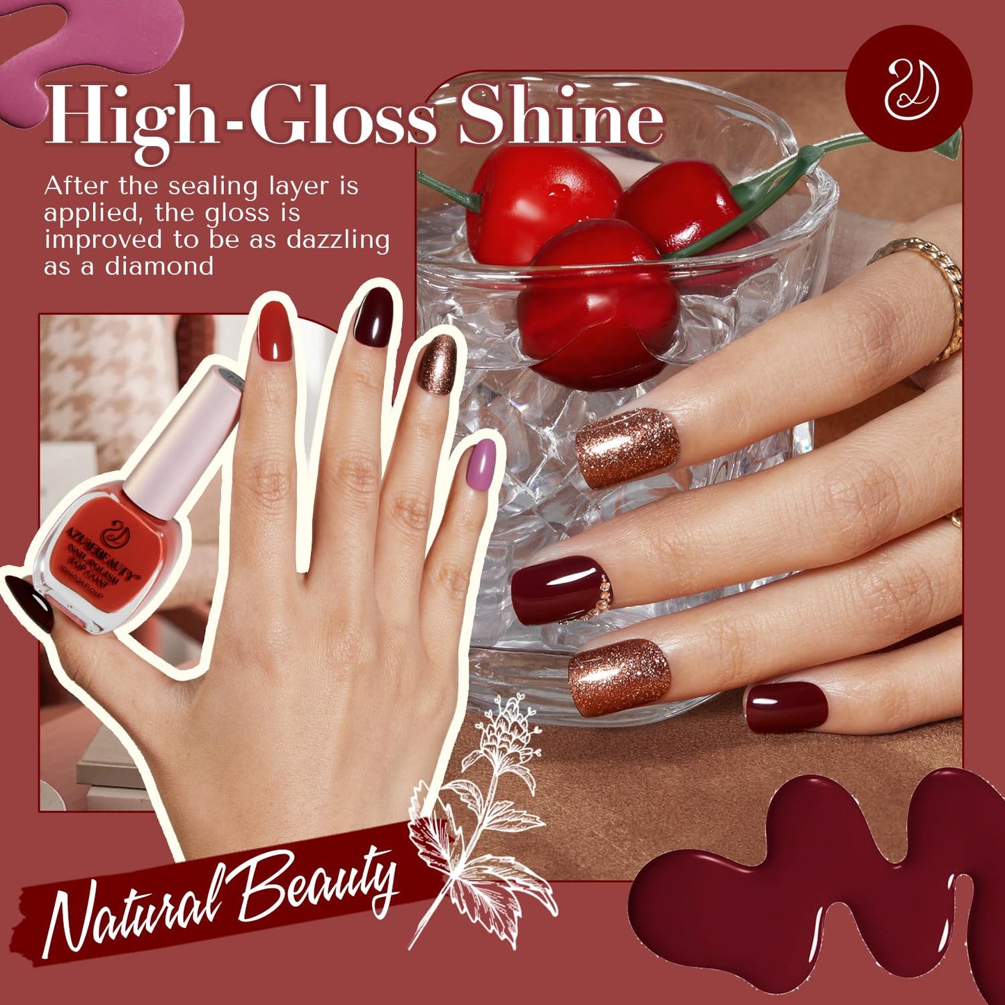 AZUREBEAUTY Nail Polish Set, 4 Colors Rose Red Purple Glitter Quick Dry Natural Nail Lacquer Strengthening Treatment Kit with Top Coat DIY Salon at Home