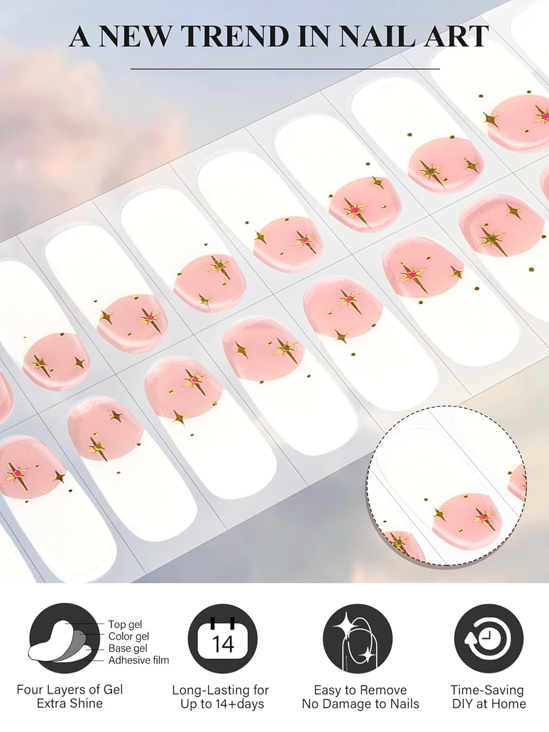 EBANKU 24Pcs Semi-Cured Gel Nail Strips, French Star Nail Sticker, Lasting Waterproof Full Nails Wraps Stickers for Salon Manicures, Perfect for Women, Girl with Nails File and Stick