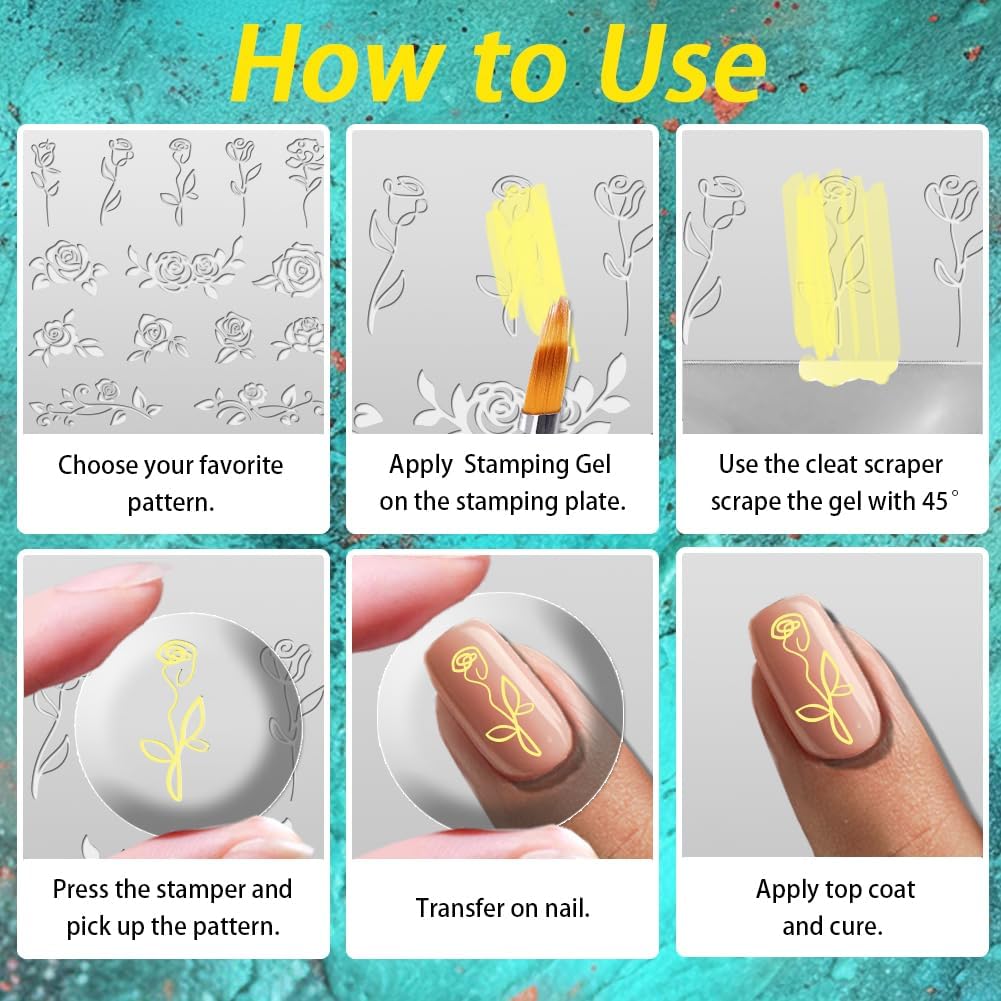 3Pcs Roses Nail Stamping Plate Set Vintage Flower Nail Stamp Templates Elegant Floral Leaf Metal Reusable Tools with Stamper Scraper for Manicure Printing