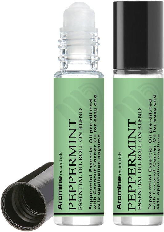 Peppermint Essential Oil Roll On, Pre-Diluted 10ml (Pack of 2). Premium Quality, Therapeutic Grade Topical Ready Aromatherapy Oil