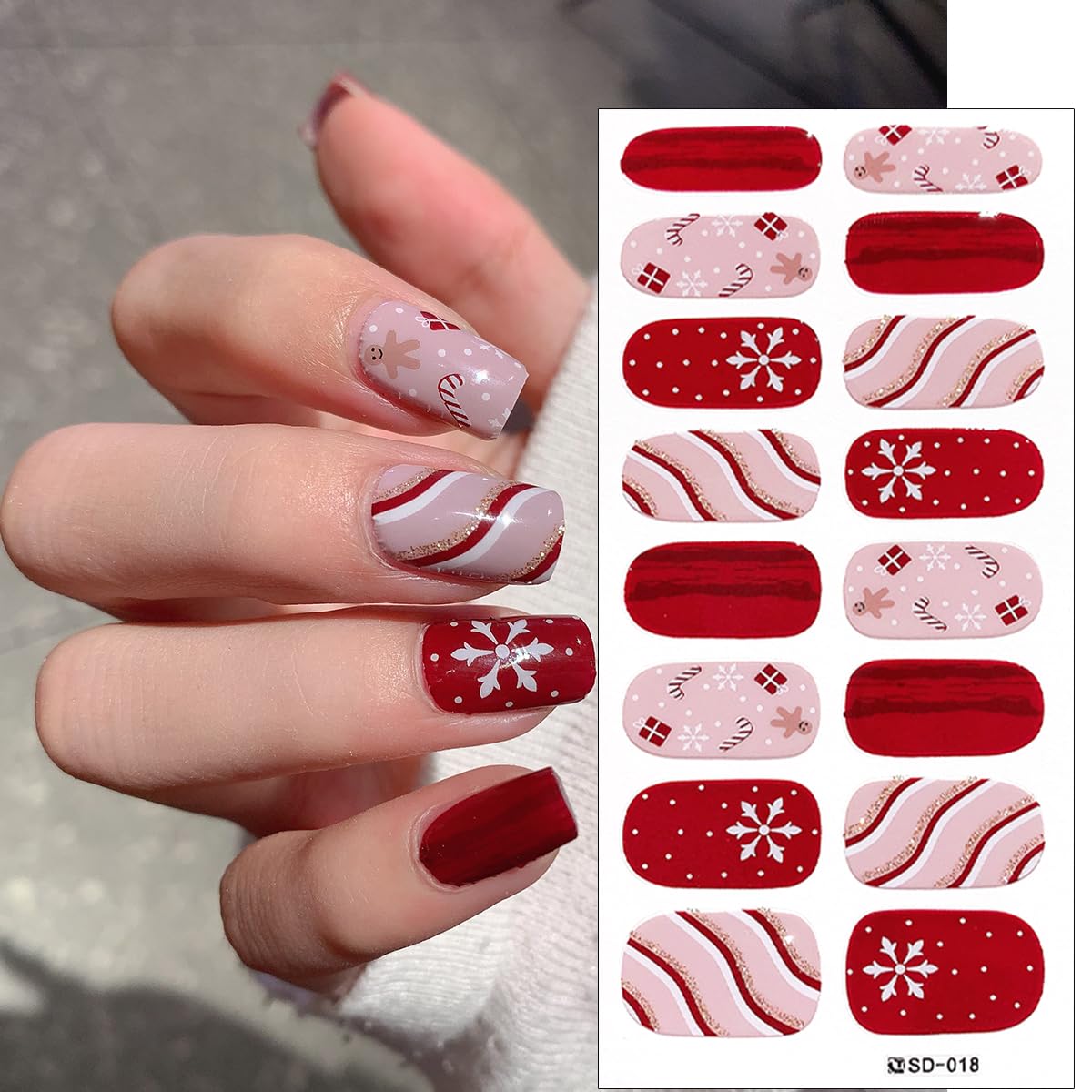 6Sheets Christmas Gel Nail Stickers: Glitter Snowflake Full Wrap, Santa Claus, Snowman, Xmas Trees, Winter Nail Stickers for Christmas Manicure