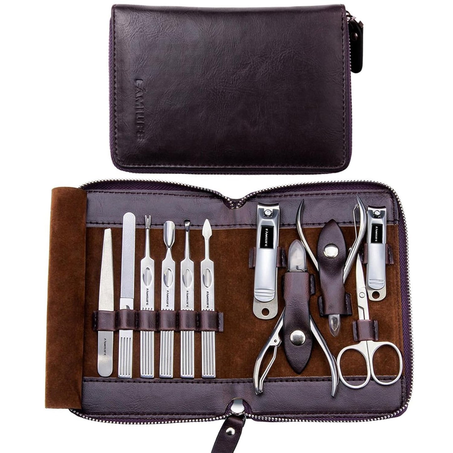 FAMILIFE Manicure Set, Nail Clippers Set Professional Manicure Kit 11 in 1 Stainless Steel Pedicure Tools Nail Kit Mens Grooming Tool with Portable Leather Travel Case Dark Violet Birthday Gifts