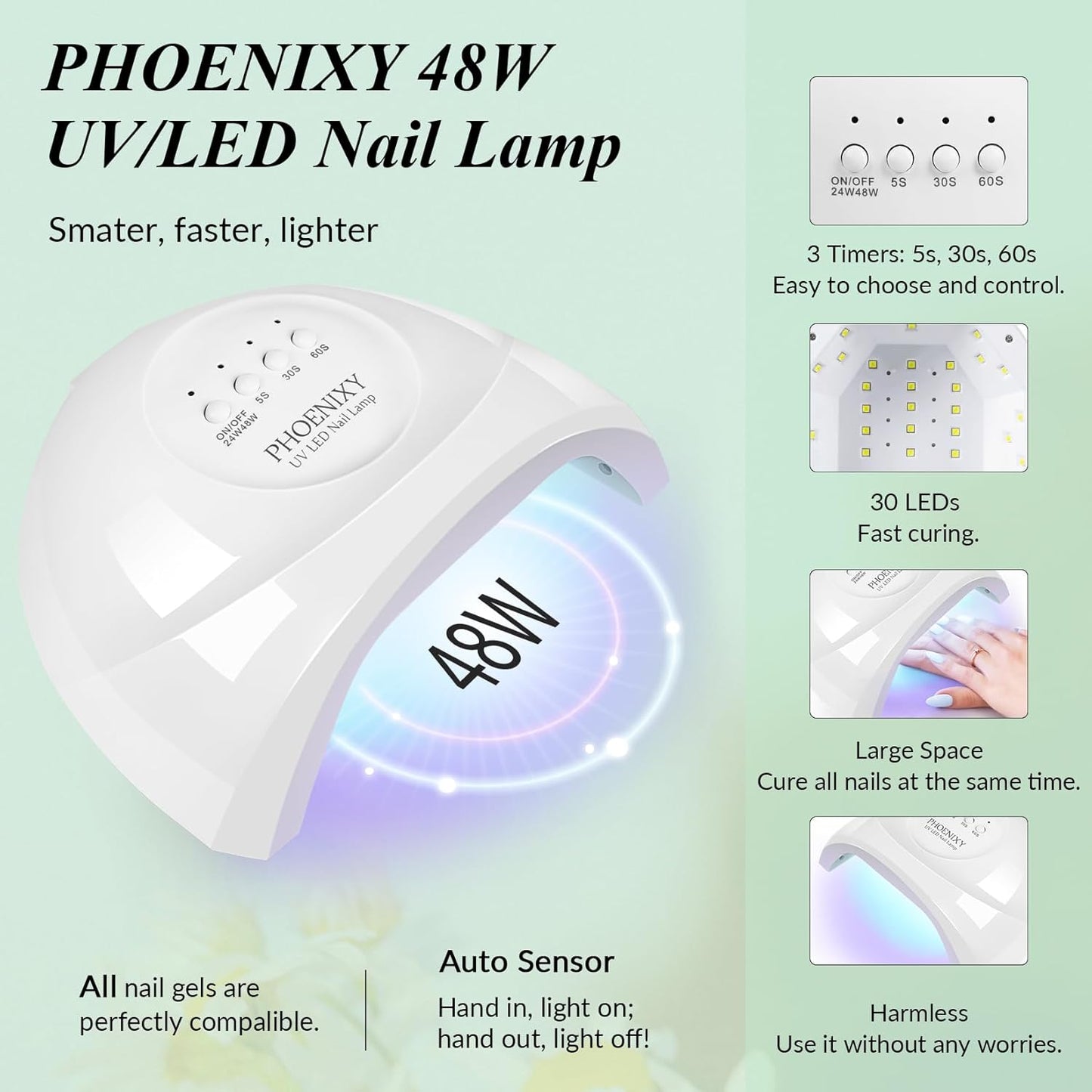 PHOENIXY Gel Nail Polish Kit with U V Light 48W, 56 Pcs 108 Effects Gel Nail Polish Set Base Glitter Top Coat Manicure Tools Gifts for Women