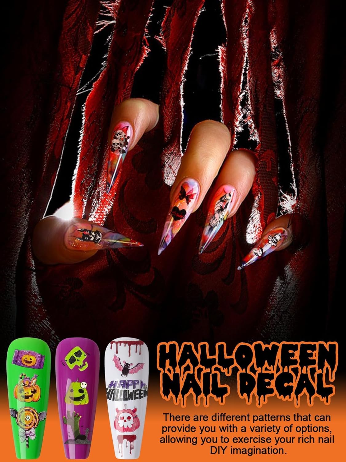Halloween Nail Art Stickers Decals, Kalolary Self-Adhesive DIY Nail Sticker Decals 3D Design Nail Decorations for Halloween Party Include Pumpkin/Bat/Ghost/Witch(12 Sheets)