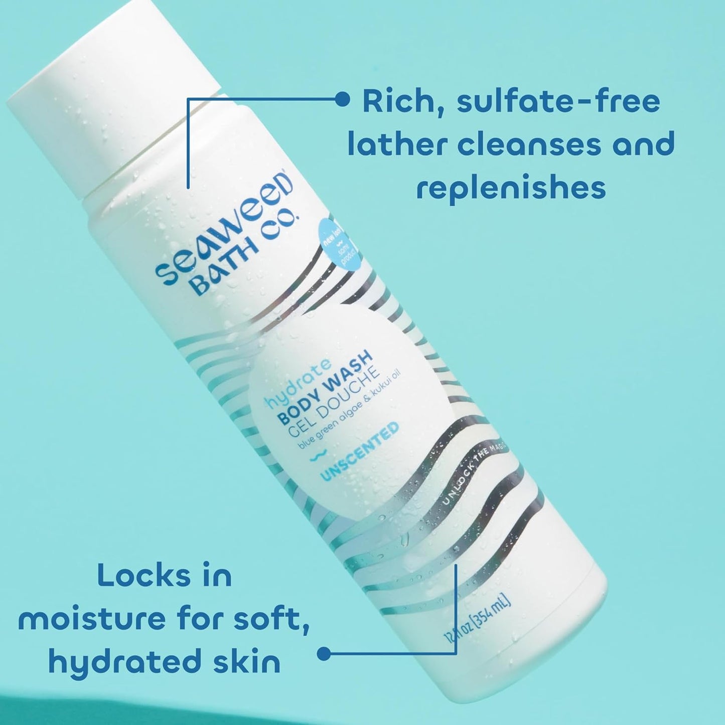 Seaweed Bath Co. Hydrate Body Wash - Unscented - Foaming Shower Gel Cleanser with Natural Ingredients - Fragrance Free and Gentle - Good For Sensitive Skin - 12 oz