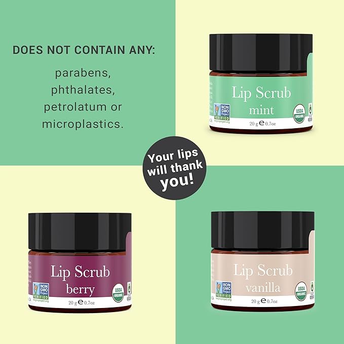Organic Lip Scrub Mint - Lip Scrubs Exfoliator & Moisturizer, Lip Exfoliator Scrub, Sugar Lip Scrubs, Lip Sugar Scrub, Lip Care Products for Chapped Lips, Lip Scrubber, Lip Moisturizer for Dry Lips