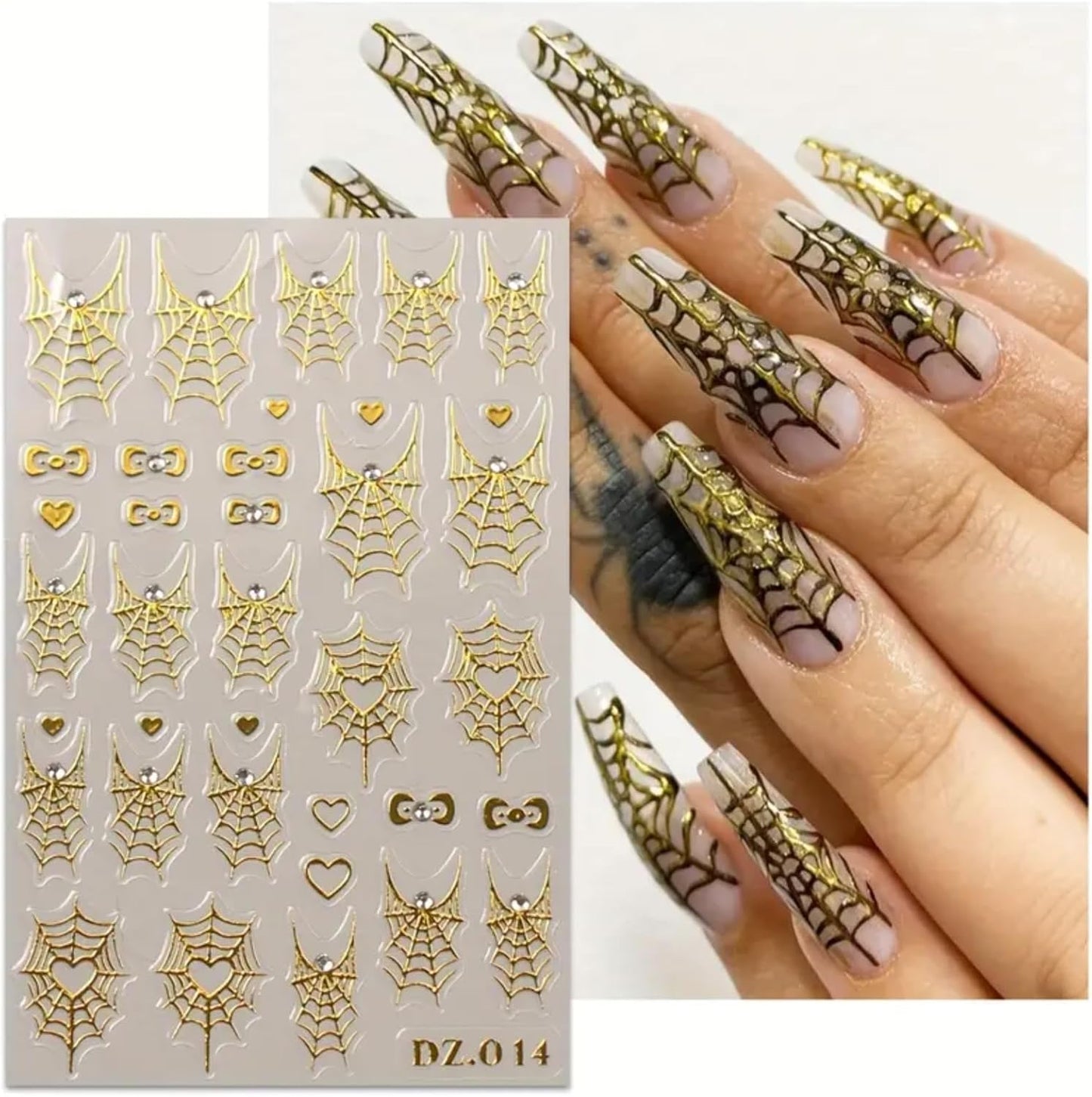 Halloween Nail Art Stickers Decals 4PCS Golden Spider Web Spider Nail Decals with Rhinestone White Red Crystal Spider Web Spider Nail Stickers Bow Heart Halloween Nail Art Supplies for Women Manicure
