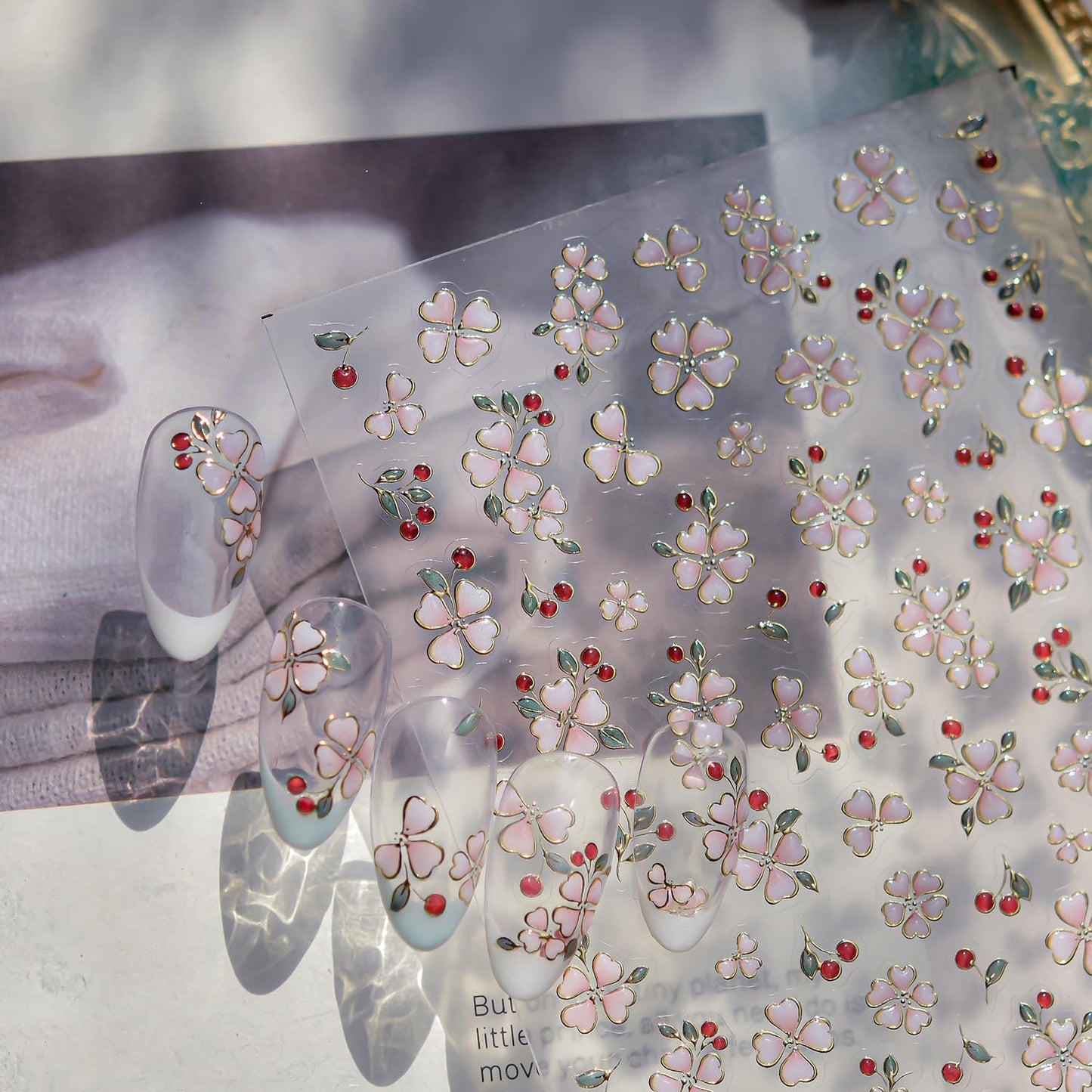 Flower Nail Stickers Pink Nail Art Stickers Jerry Nail Decals with Red Design Floral Nails Art Decals 5D Embossed Self Adhesive Nails Charms for Women Girls Manicure DIY Decoration Accessories