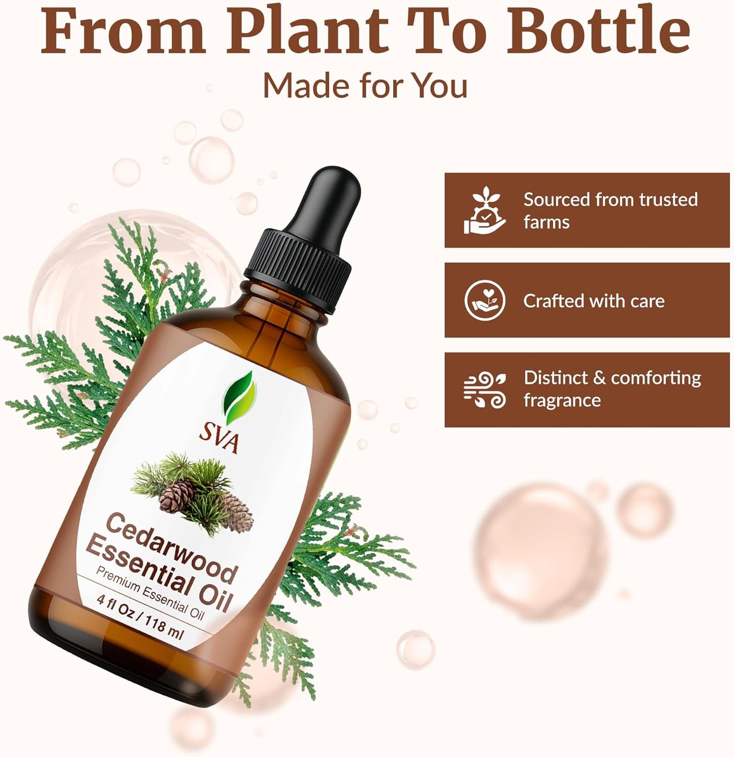 SVA Cedarwood Essential Oil – 4 Fl Oz – 100% Natural Cedar Cupressus Funebris Oil - for Diffuser, Hair Care, Face, Skin Care, Aromatherapy, Scalp and Body Massage, Soap and Candles - with Dropper