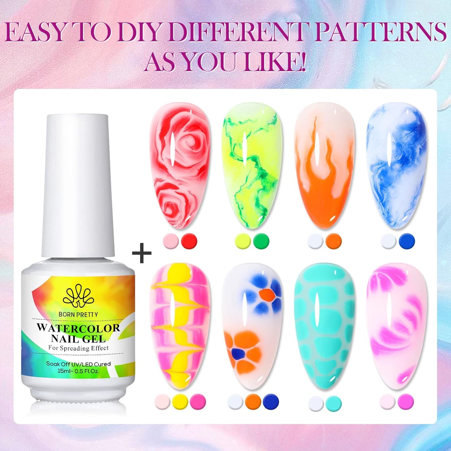 Born Pretty Nail Blooming Gel, 15ml Clear Clear U V Led Blossom Gel Polish for Spreading Effect Marble Natural Stone Watercolor Floral Print Nail Art DIY Design Manicure Valentine's Day Gift