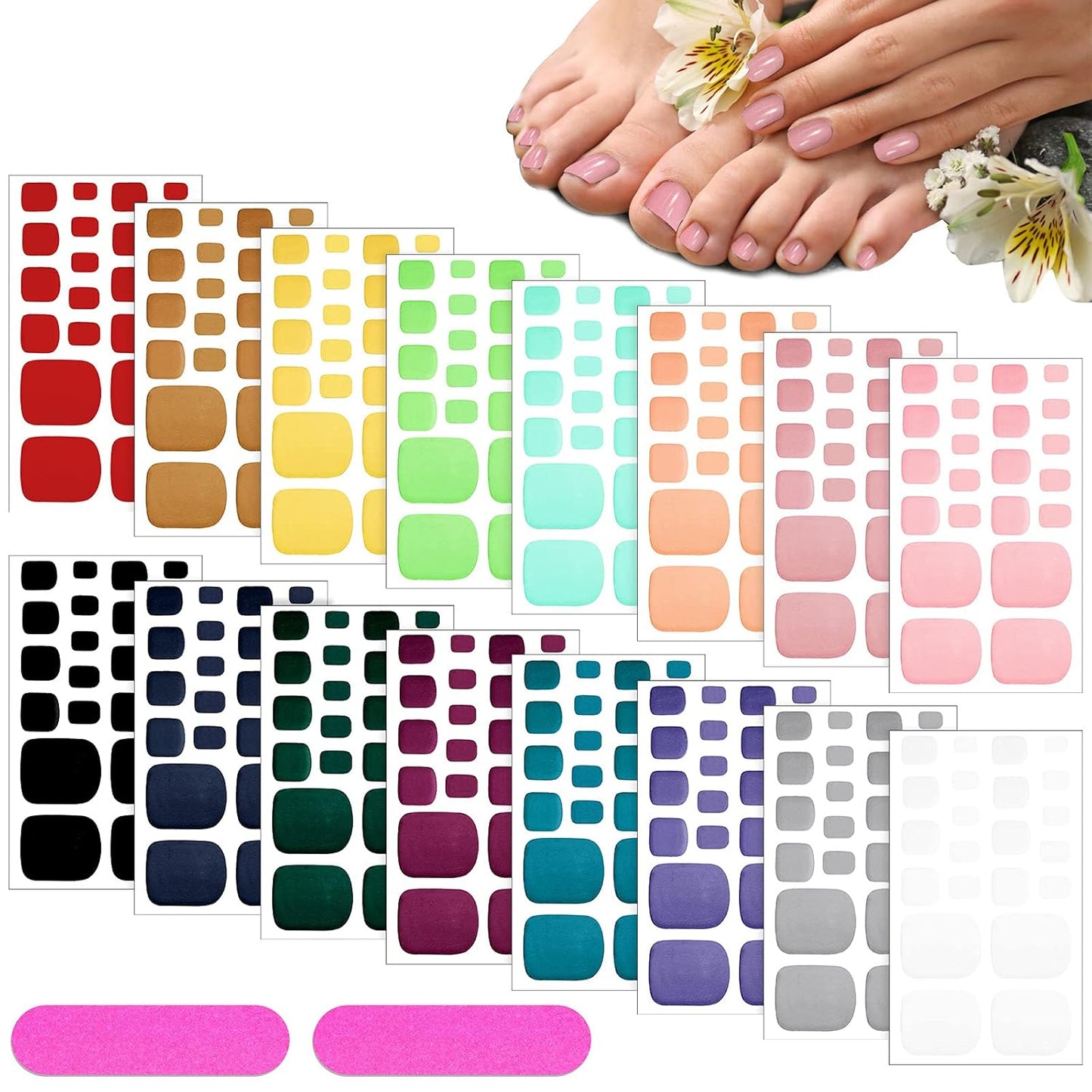 Maitys 352 Pieces 16 Sheets Toenail Polish Stickers Strips Adhesive Toe Nail Wraps Full Wraps Polish Strips DIY Manicure Decal with 2 Pieces Nail Files(Shiny Color)