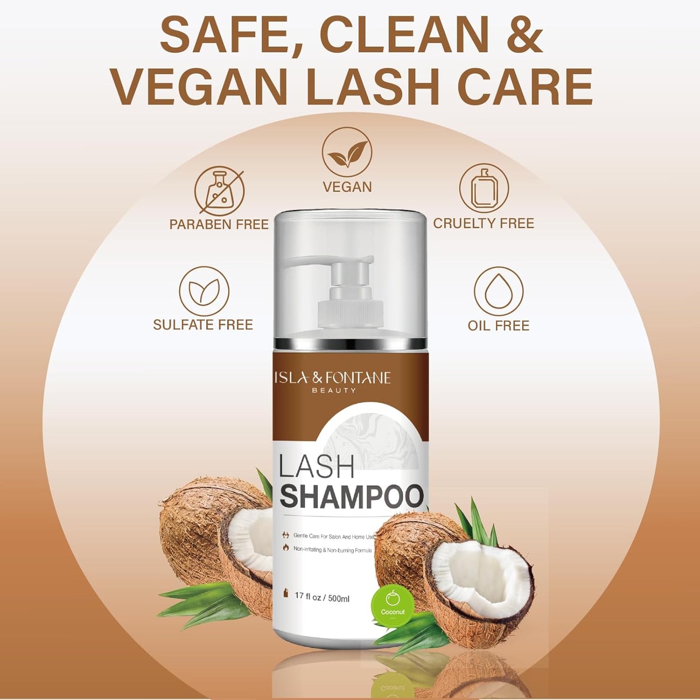 ISLA & FONTANE Lash Shampoo Bulk – Multi-Scent Series – 17 fl oz / 500ml | Gentle Eyelash Cleanser for Lash Extensions | Non-Irritating | Professional Lash Bath Foam For Salon And Home Use (Coconut)