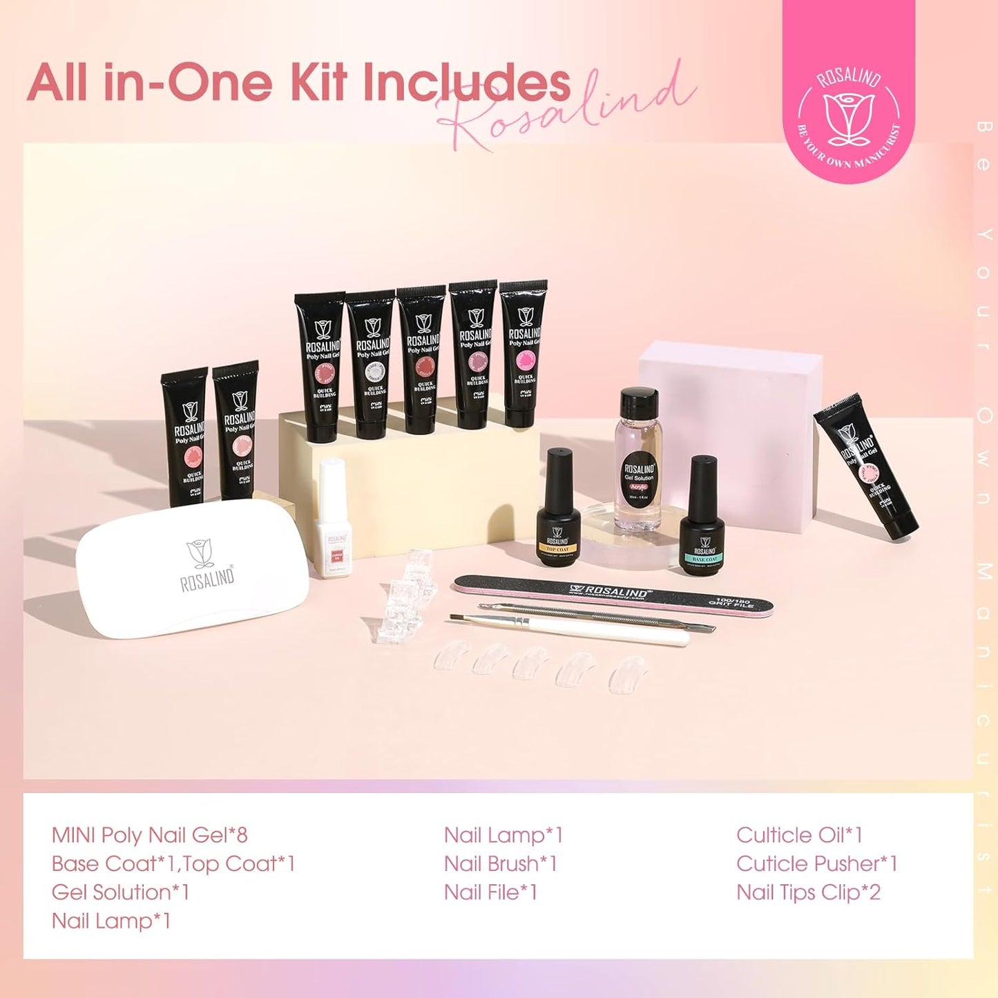 ROSALIND 8PCS Poly Nail Gel Kit with Mini Nail Lamp Clear Nude Purple Brown Poly Extension Gel Kit Mini Starter Kit