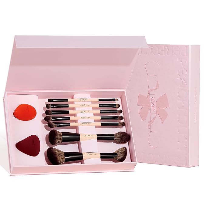 Jessup Makeup Brushes Set with Makeup Sponge, 7pcs Double Sided Makeup Brushes for Foundation Concealer Blush Eyeshadow Contour Bronzer Powder Blending Eyebrow Eyeliner with Gift Box, T506