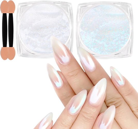 Allstarry White Pearl Chrome Nail Powder, 2 Colors Aurora Powder Metallic Mirror Effect Glitter Powder Pearlescent Ice Transparent Mermaid Pigment Dust for Gel Polish Nail Art- White Pearl Peacock